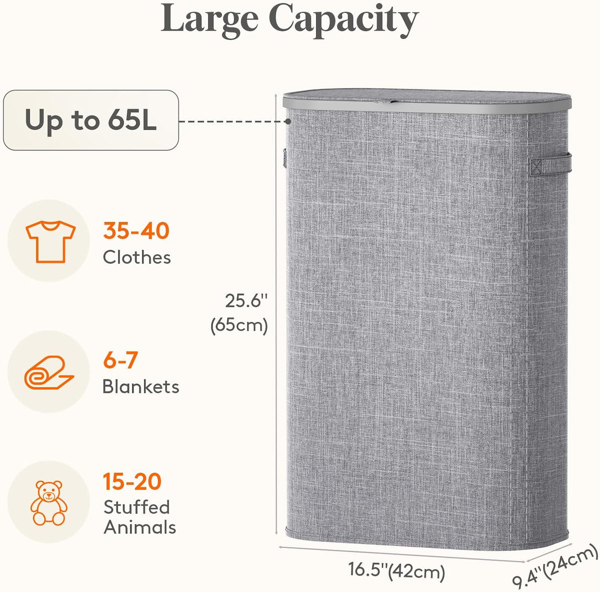 Lifewit 65L Slim Laundry Basket with Lid, Narrow Large Laundry Hamper with Plastic Handles and