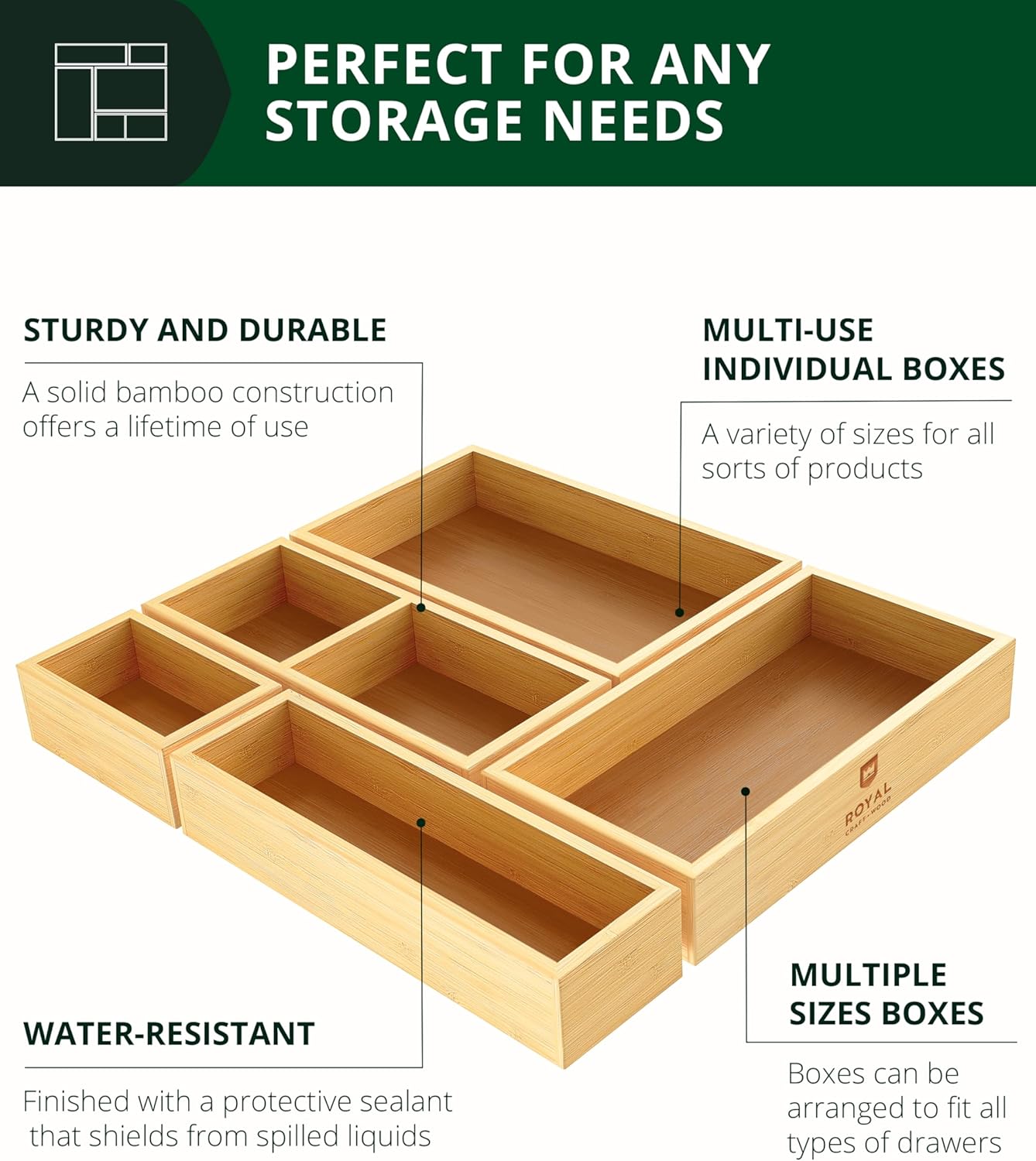 ROYAL CRAFT WOOD 5-Piece Bamboo Drawer Organizer Set – Multi-Use Storage Trays for Kitchen