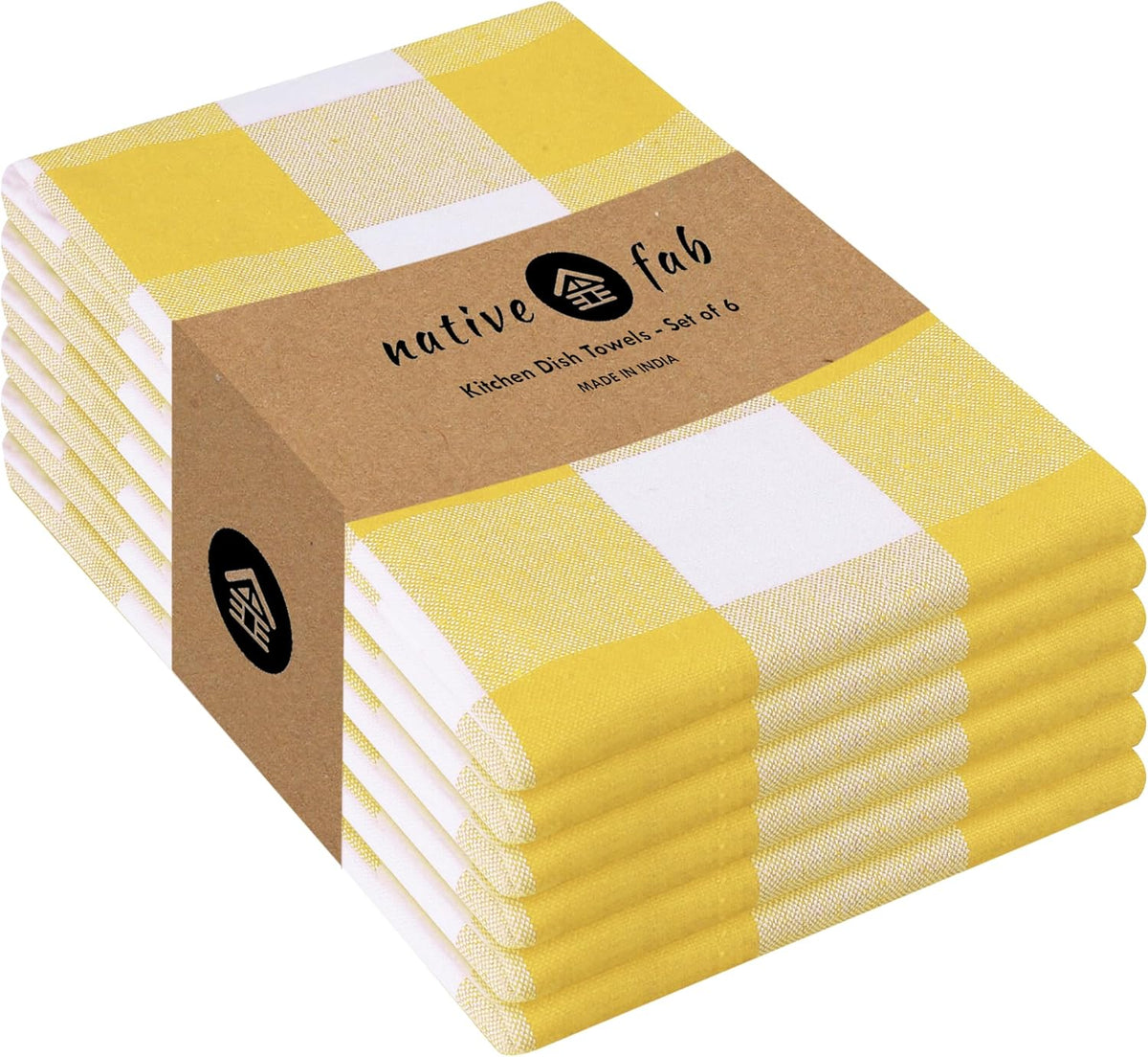 Native Fab Yellow Buffalo Dish Towel 16"x26", Set of 6 - Cotton Plaid Towels, Soft Absorbent