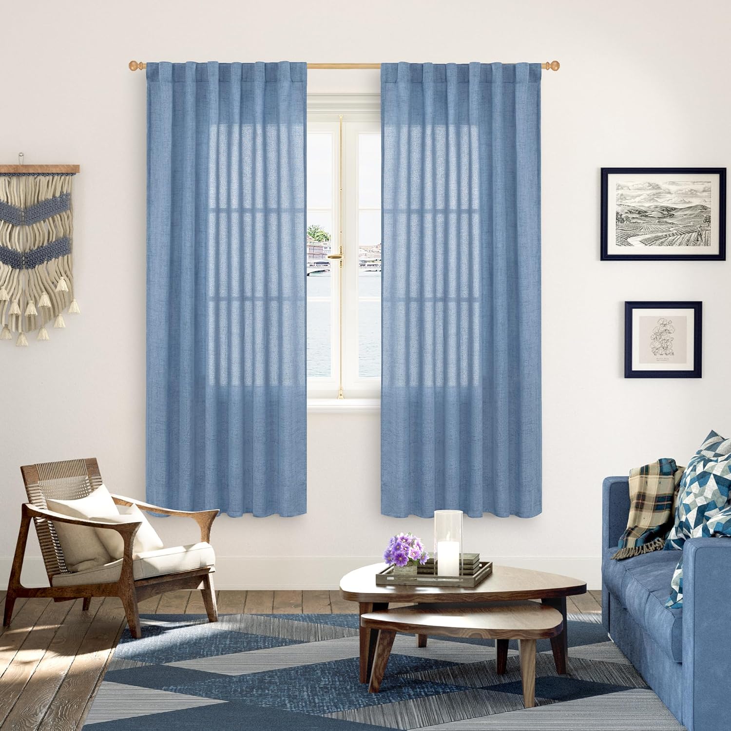 YoungsTex Denim Blue Linen Curtains 72 Inch Length for Living Room - Light Filtering Semi Sheer