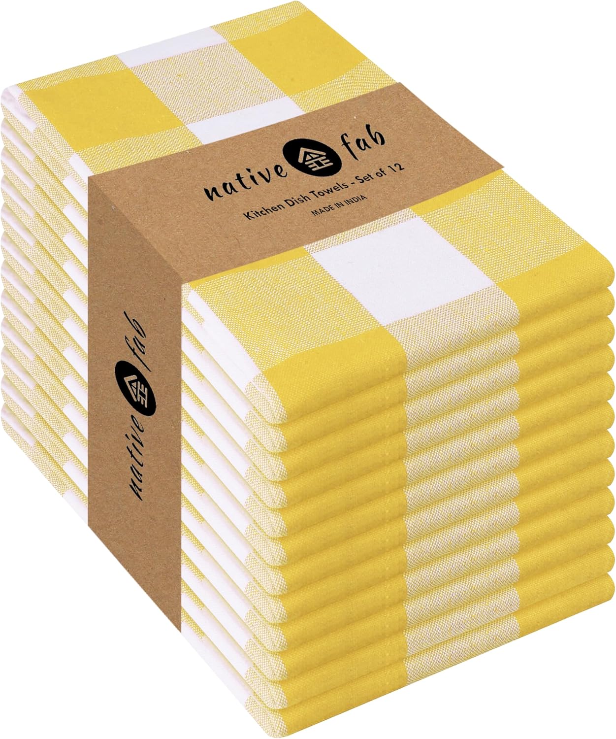 Native Fab Yellow Buffalo Dish Towel 16"x26", Set of 12 - Cotton Plaid Towels, Soft Absorbent