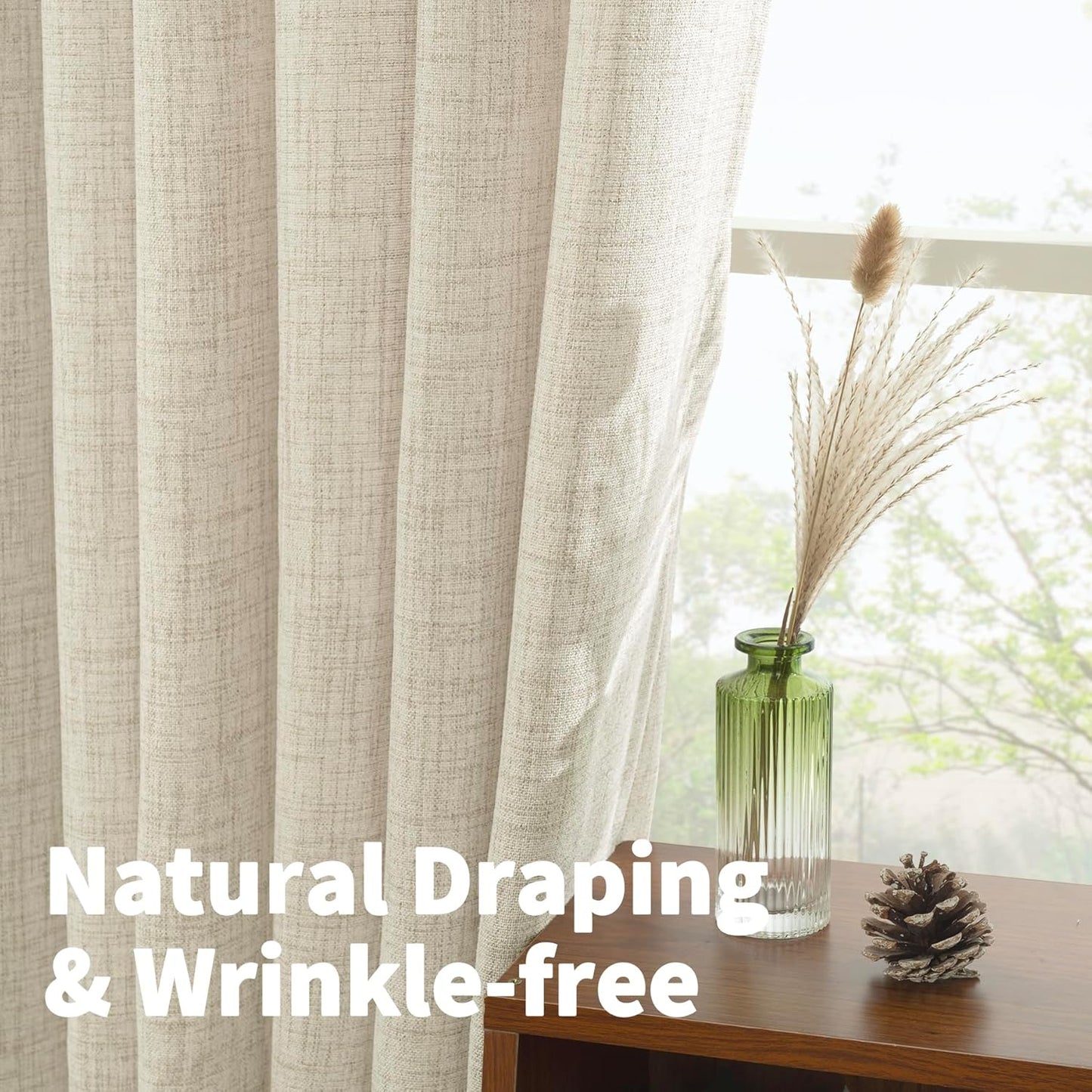 YoungsTex Linen Curtains 45 Inch Length for Kitchen Window, Cream Short Semi Sheer Drapes with Rod