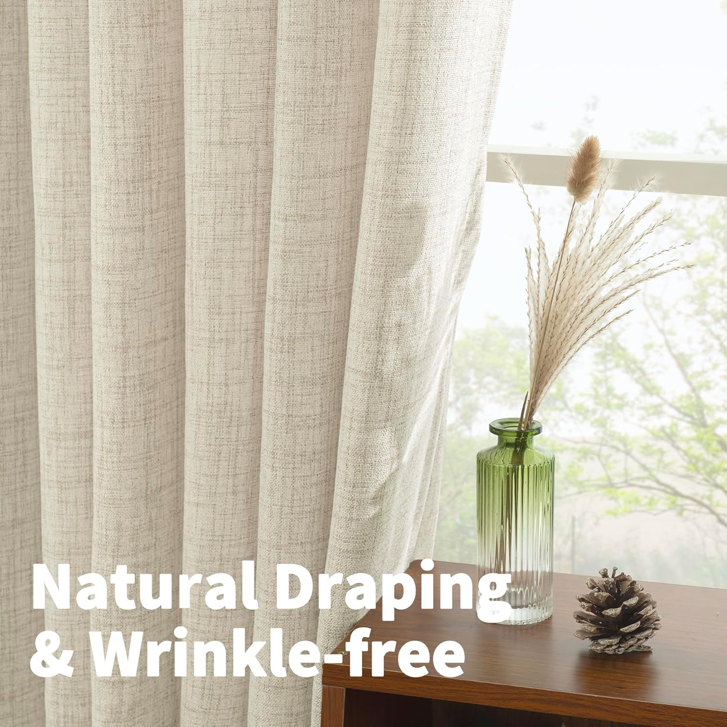 YoungsTex Linen Curtains 45 Inch Length for Kitchen Window, Cream Short Semi Sheer Drapes with Rod