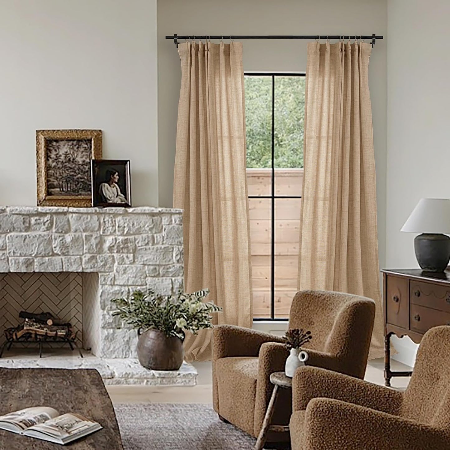YoungsTex Burlap Linen Semi Sheer Curtains 84 Inch Length for Living Room, Toffee Light Filtering