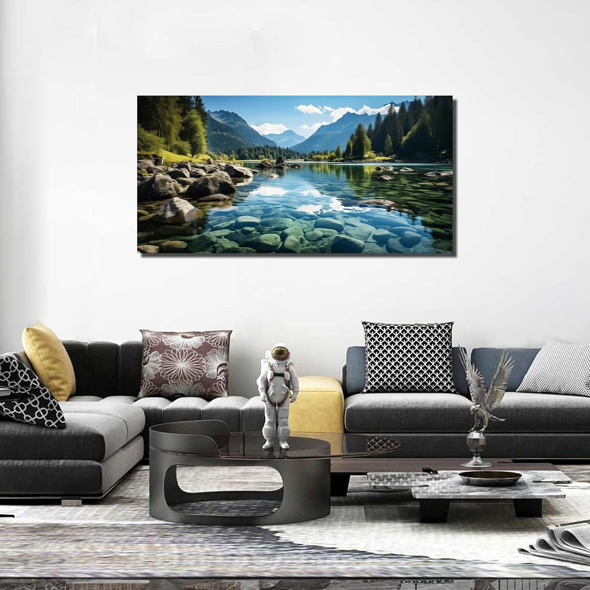 GUGIKA Landscape Wall Art for Living Room, Mountain and Lake Wall-Decor for Bedroom, Natural