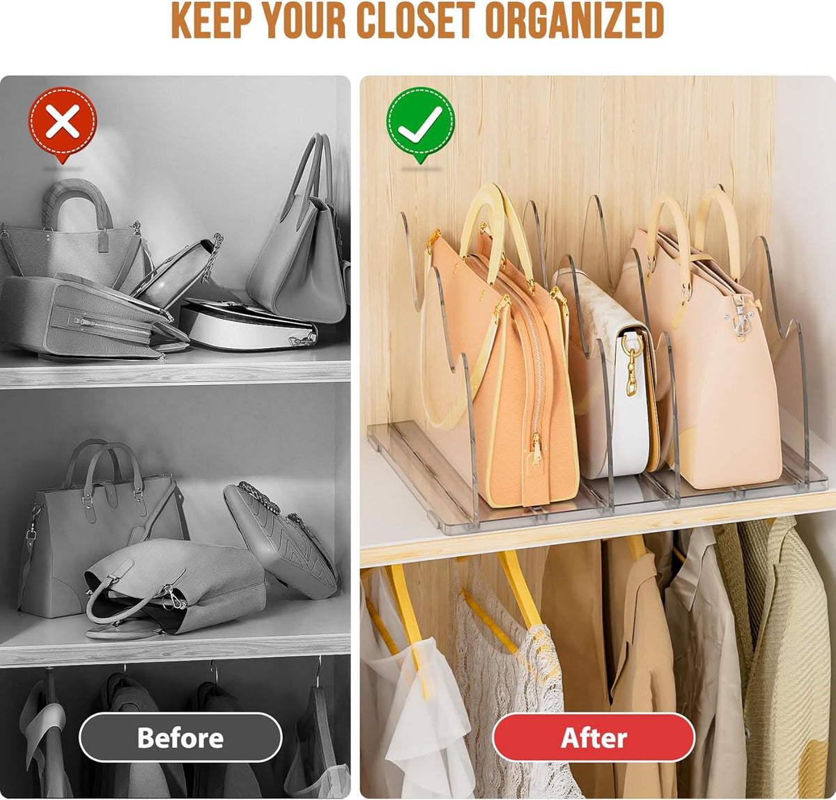 Bag & Purse Organizer for Closet, 2 Pack Adjustable Clear Handbag Storage Holder, Acrylic Shelf