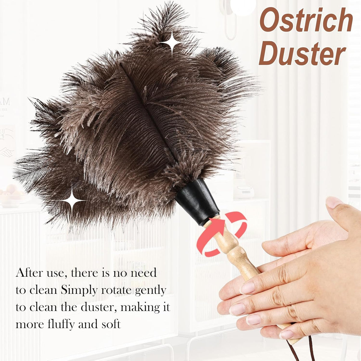 Ostrich Feather Duster 14" Natural Handheld Reusable Feathers Dusters with Wooden Handle for