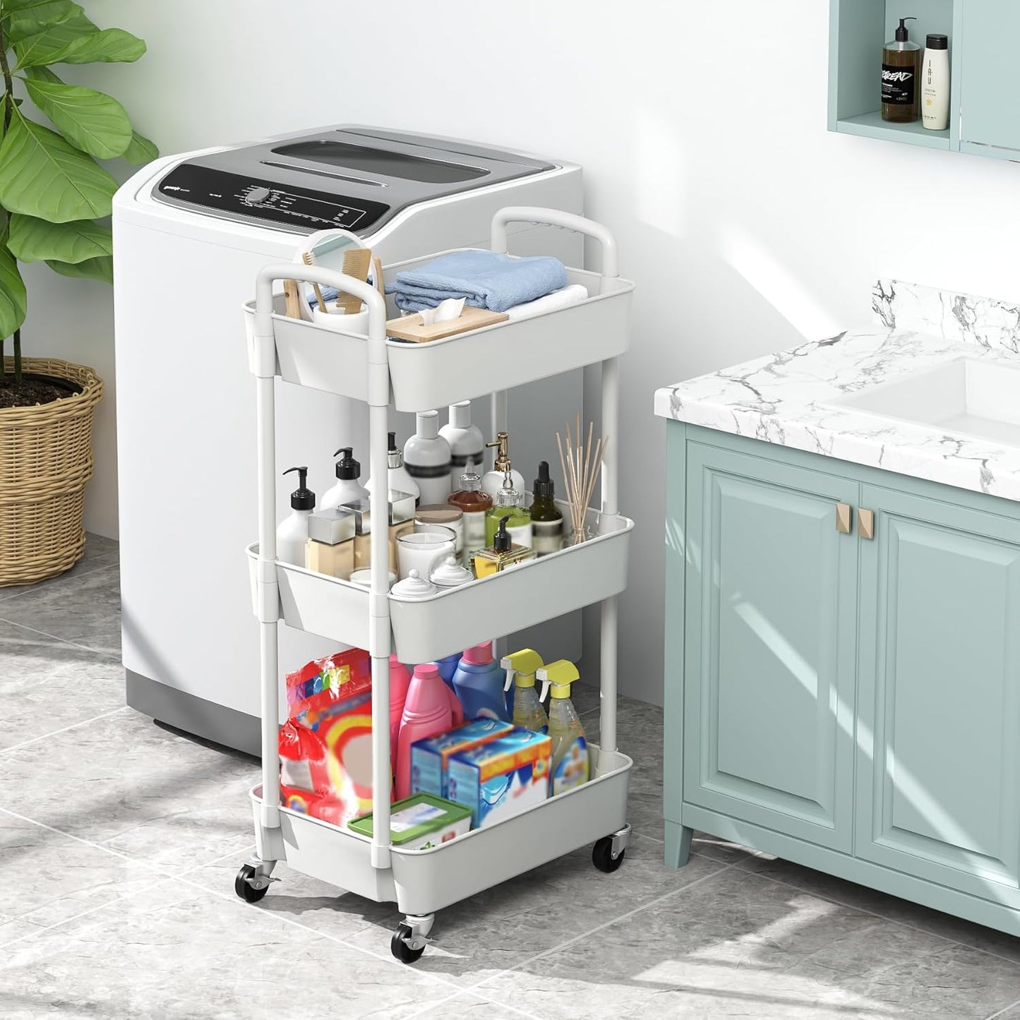 Sywhitta 3-Tier Plastic Rolling Utility Cart with Handle, Multi-Functional Storage Trolley for