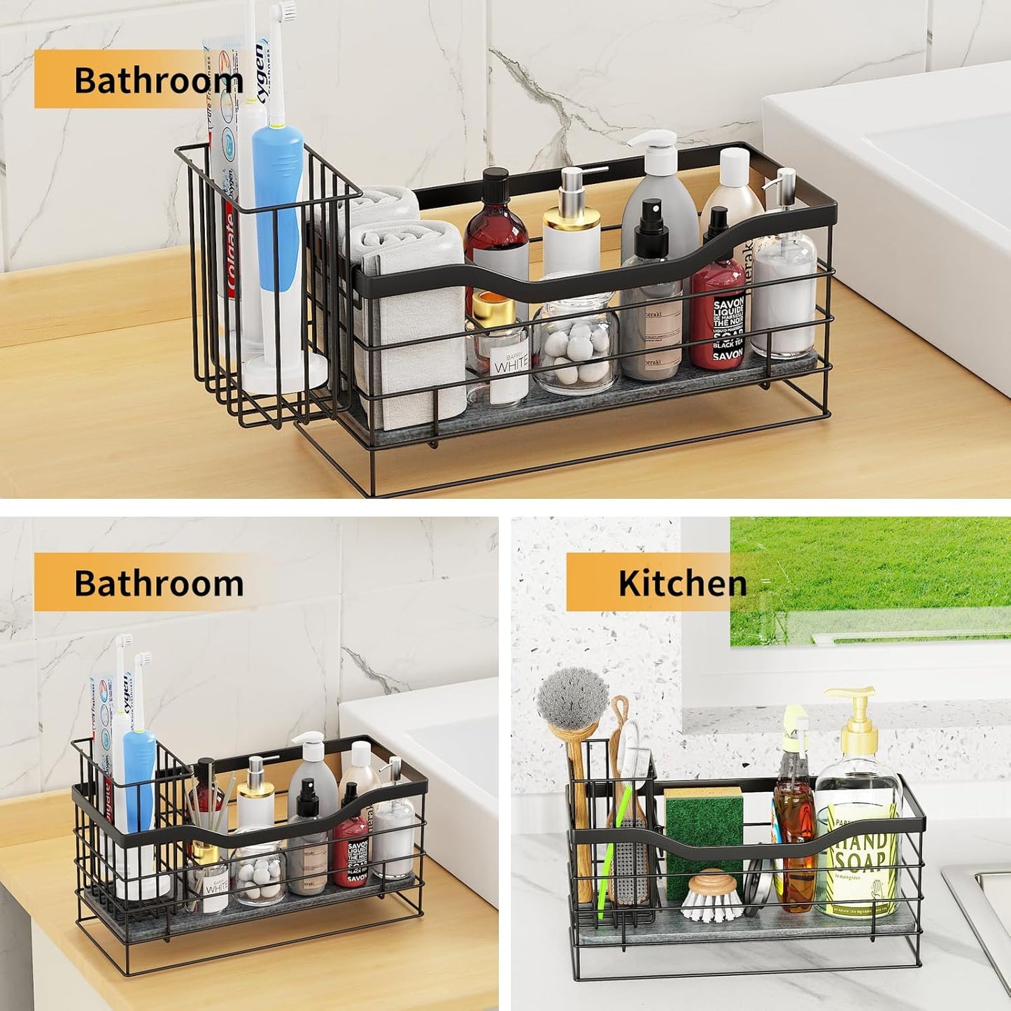 Sponge Holder for Kitchen Sink, Stainless Steel Sink Caddy and Drying Rack with Absorbent Stone