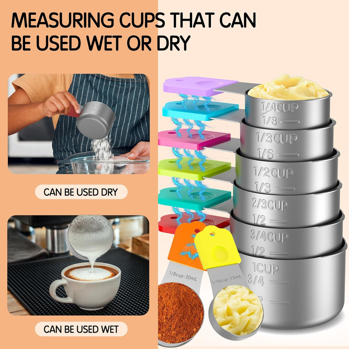 Magnetic Measuring Cups, 8 Stainless Steel Nesting Measuring Cup Set for Measuring Dry or Liquid