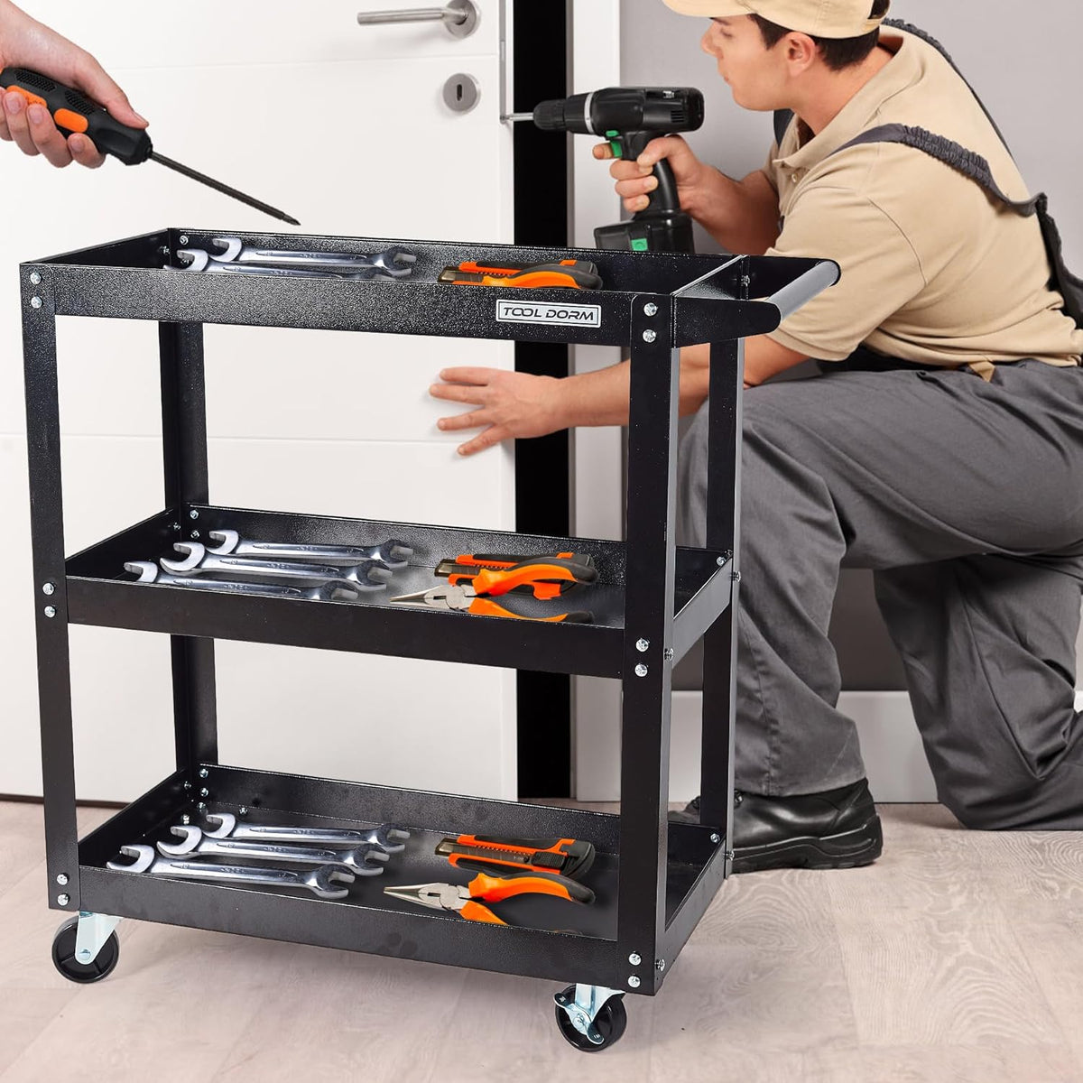 Utility Service Cart, 3 Shelf 200LBS Heavy Duty Steel Rolling Utility Cart, Medium Lipped Shelf