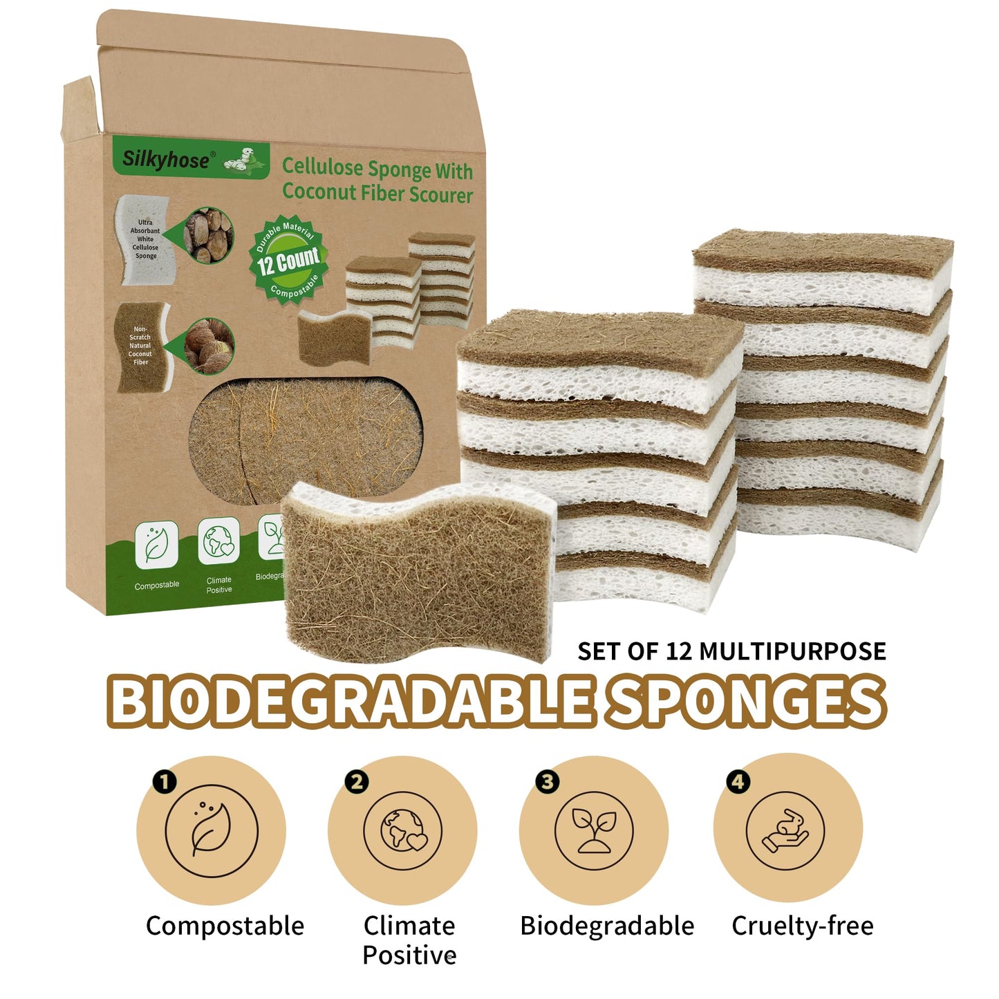 Silkyhose 12 Pack Natural Kitchen Sponges, Cellulose Coconut & Non-Scratch