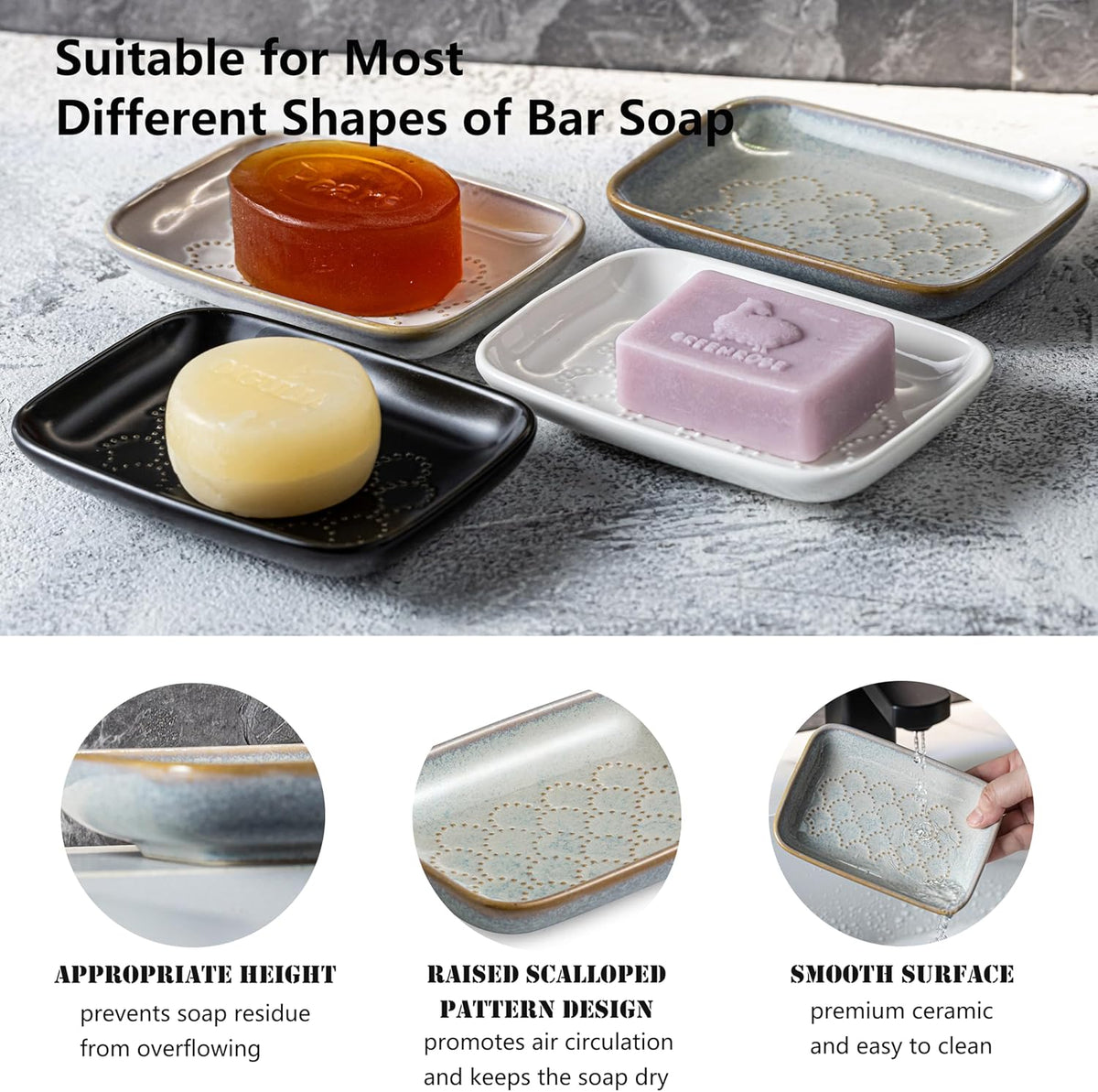 Gomakren Soap Dish for Shower, Ceramic Soap Dishes for Bar Soap Sponge, Shower Soap Holder Saver