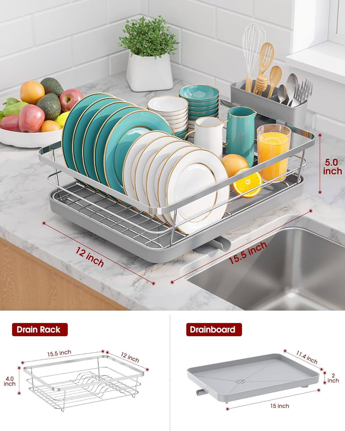 Stainless Steel Dish Drying Rack for Kitchen Counter, Sink Organization and Storage Essentials with