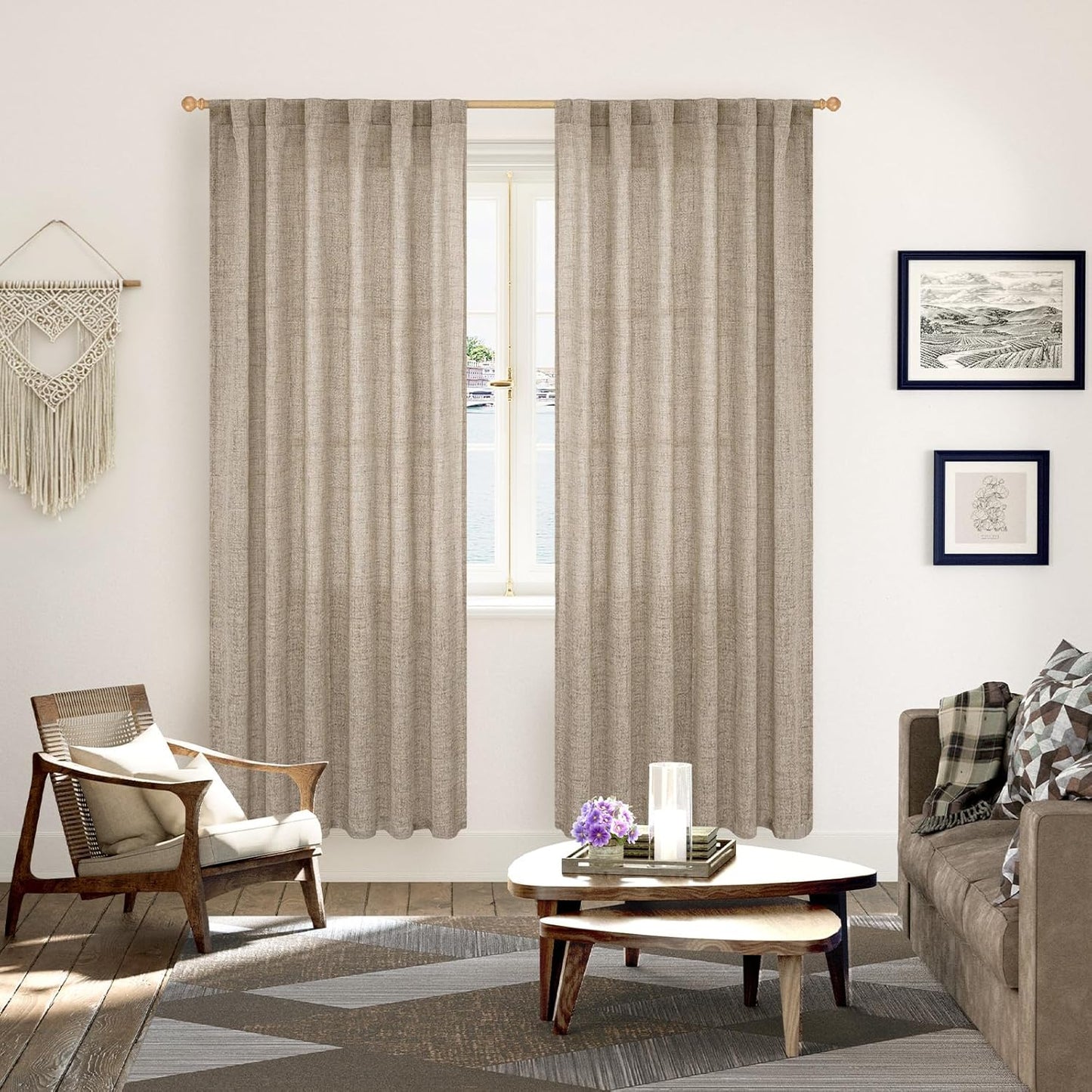 YoungsTex Dark Oatmeal Linen Curtains 78 Inch Length for Living Room, Semi Sheer Window Drapes