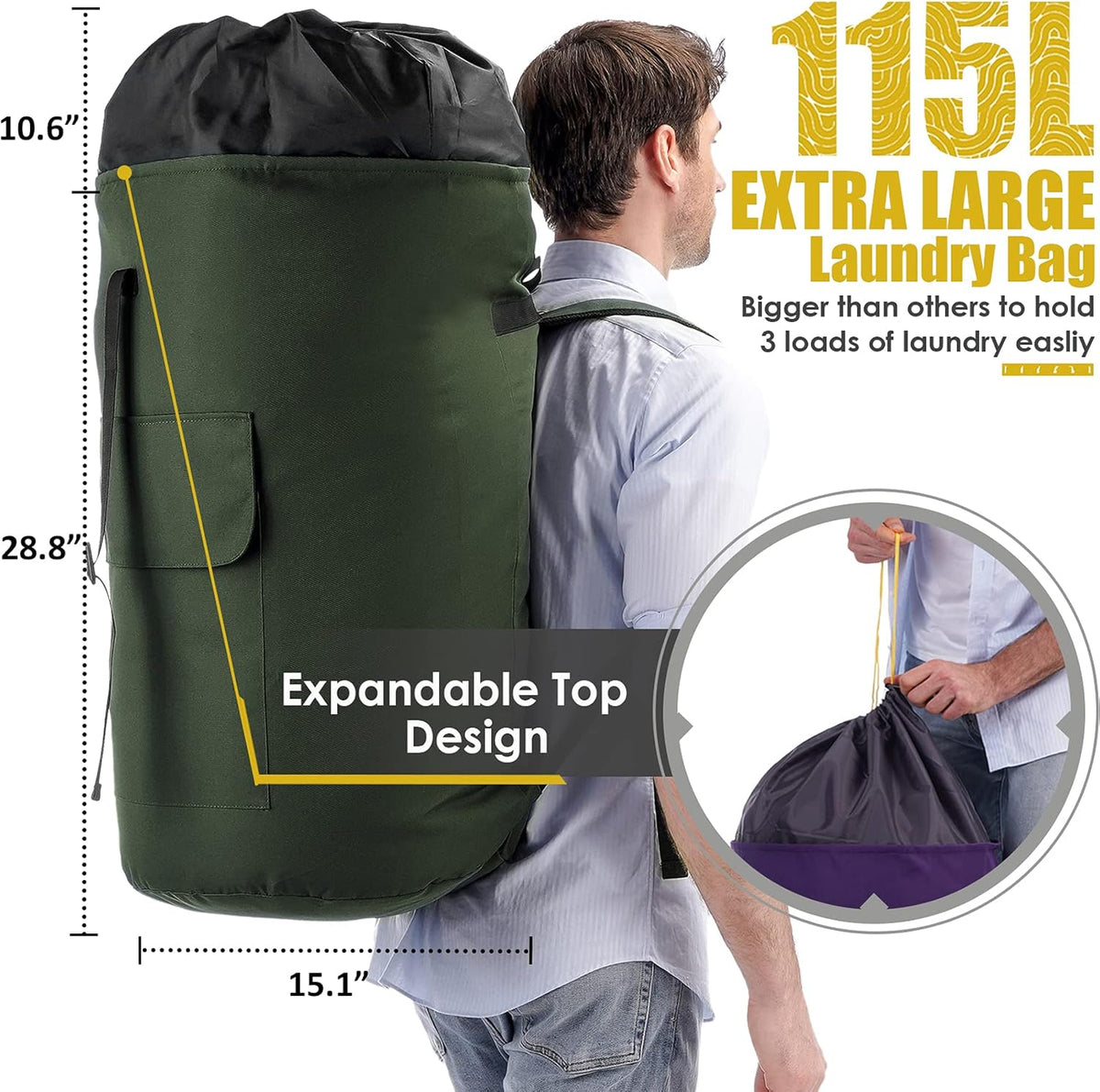 Laundry Bags Extra Large Heavy Duty, 115L Laundry Backpack, Sturdy Laundry Bag with Shoulder