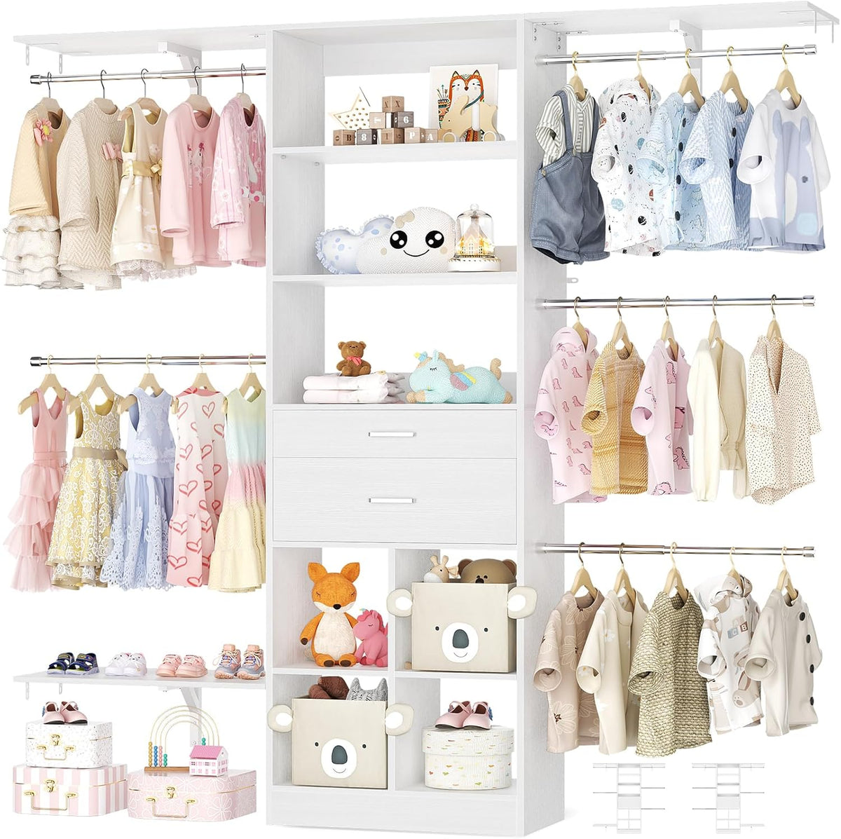 5FT Small Closet System, Baby Closet Organizer System with Wooden Drawers, 60 Inches Walk In Closet