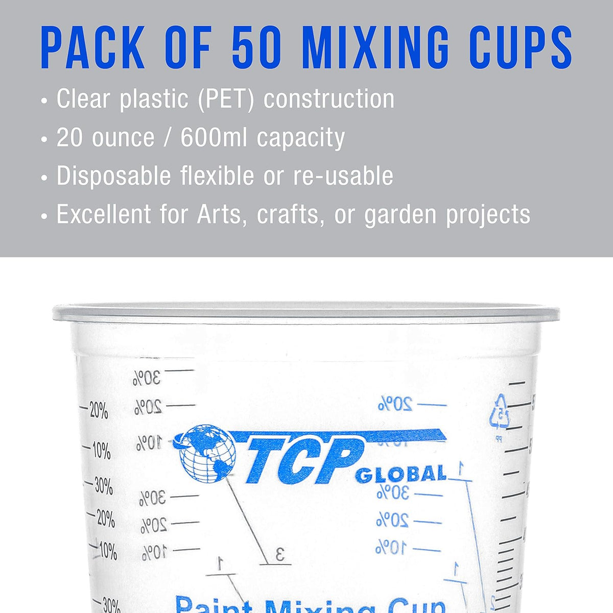 TCP Global 20 oz. (600ml) Graduated Plastic Mixing Cups - Box of 50 with 50 Mixing Sticks