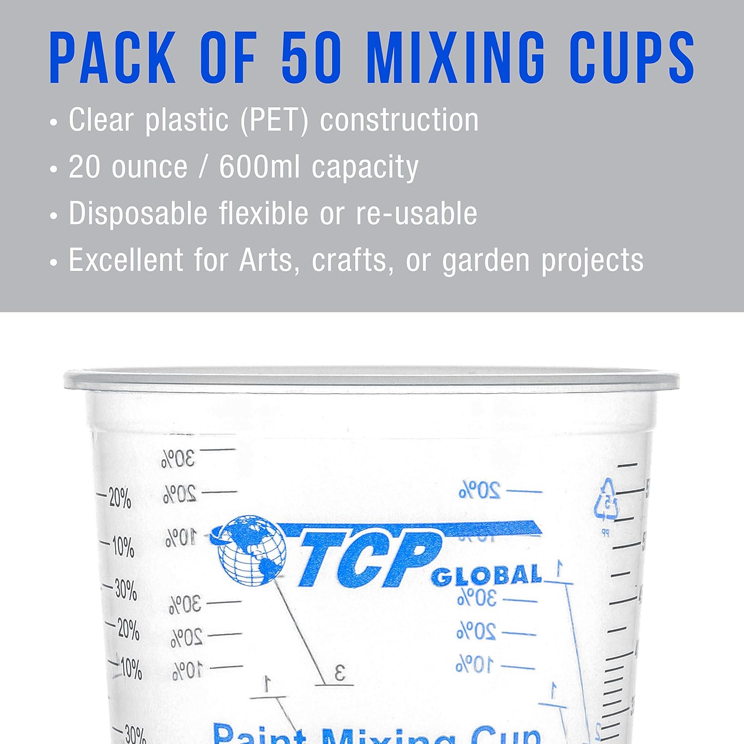 TCP Global 20 oz. (600ml) Graduated Plastic Mixing Cups - Box of 50 with 50 Mixing Sticks