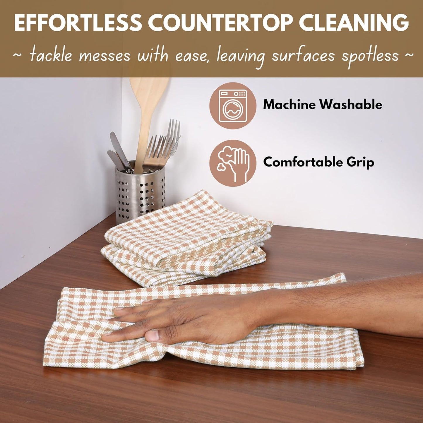 Native Fab Beige Gingham Kitchen Dish Towels 4 Pack 16"x26" - 100% Cotton Absorbent Plaid Tea