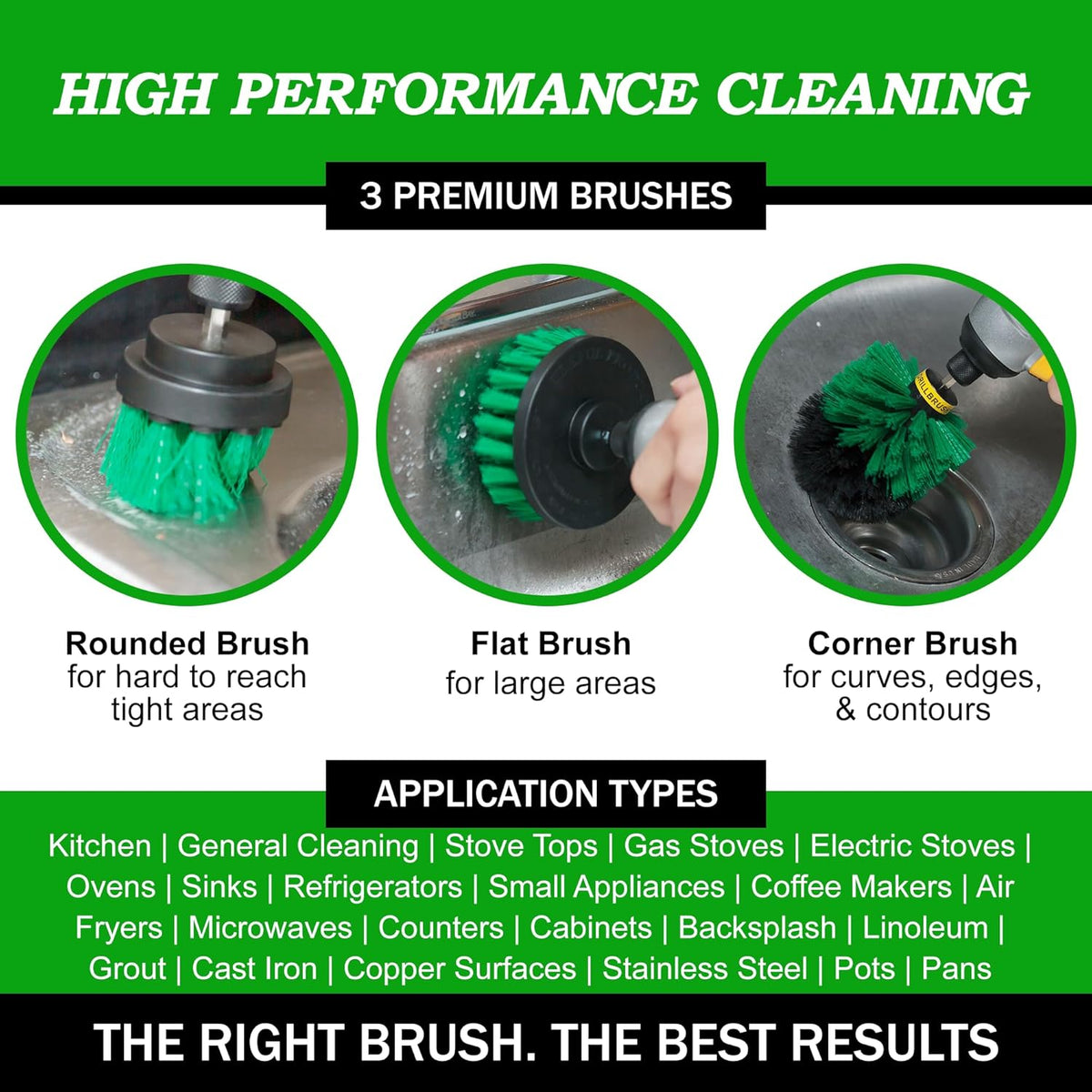 Drillbrush Green Kitchen Drill Brush Set – Drill Powered Cleaning Tools for Stainless Steel Sink
