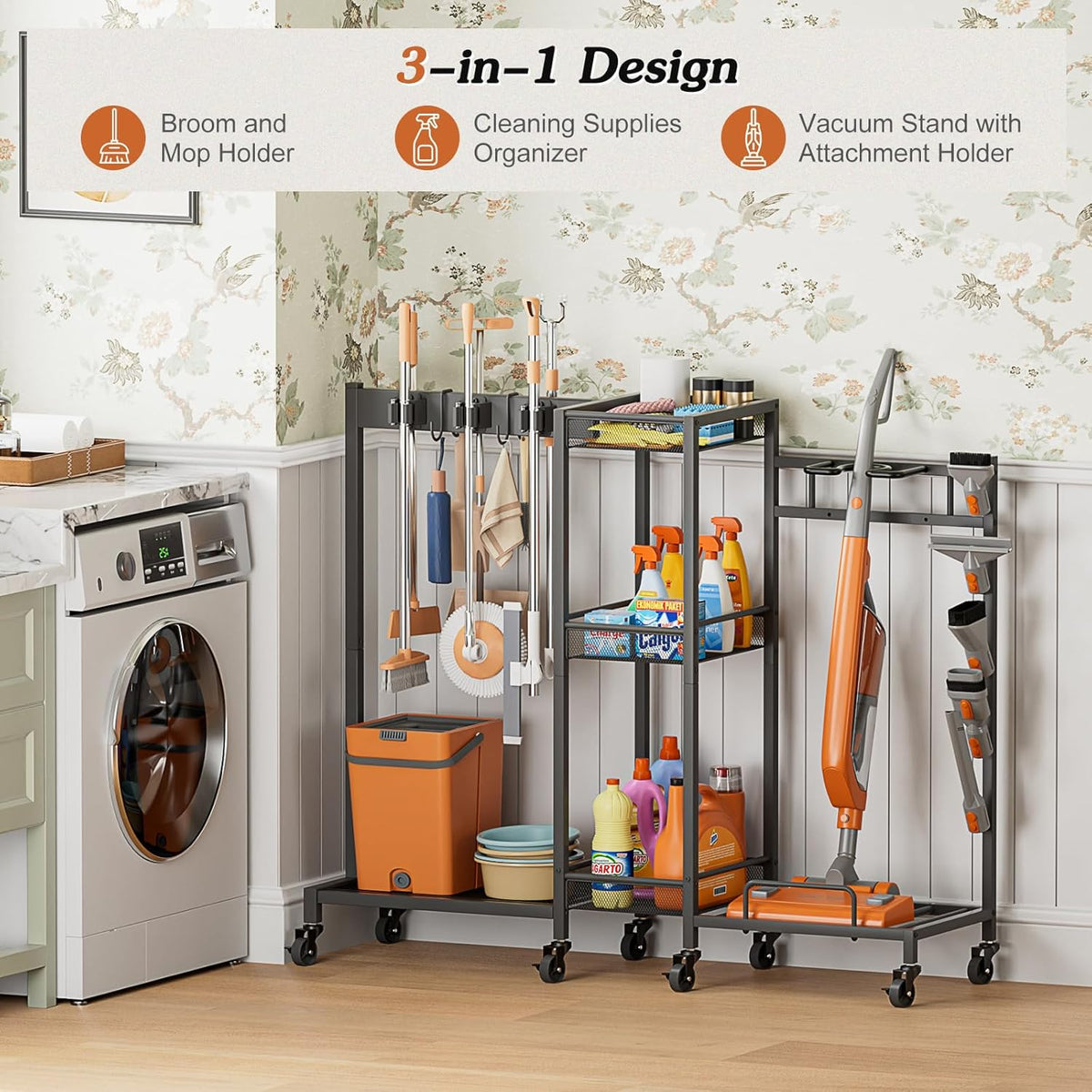 Broom Holder with Cleaning Supplies Organizer, Broom Closet Storage Cabinet with Cleaning Caddy