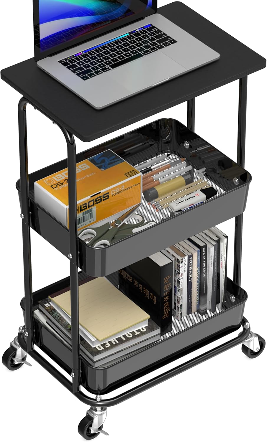 Simple Houseware 2-Tier Rolling Utility Cart with Lockable Wheels and Wood Top, Metal Storage