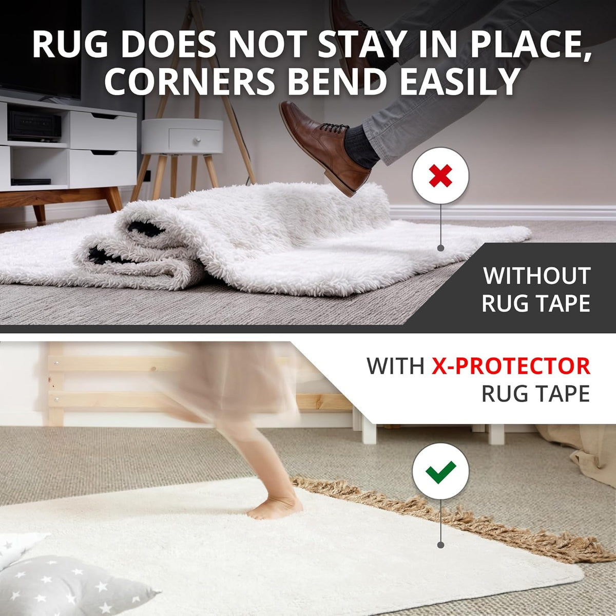 X-Protector Rug Tape for Carpet - 8 Pcs Set - White Anti-Slip & Anti-Curling Carpet Tape for Rugs