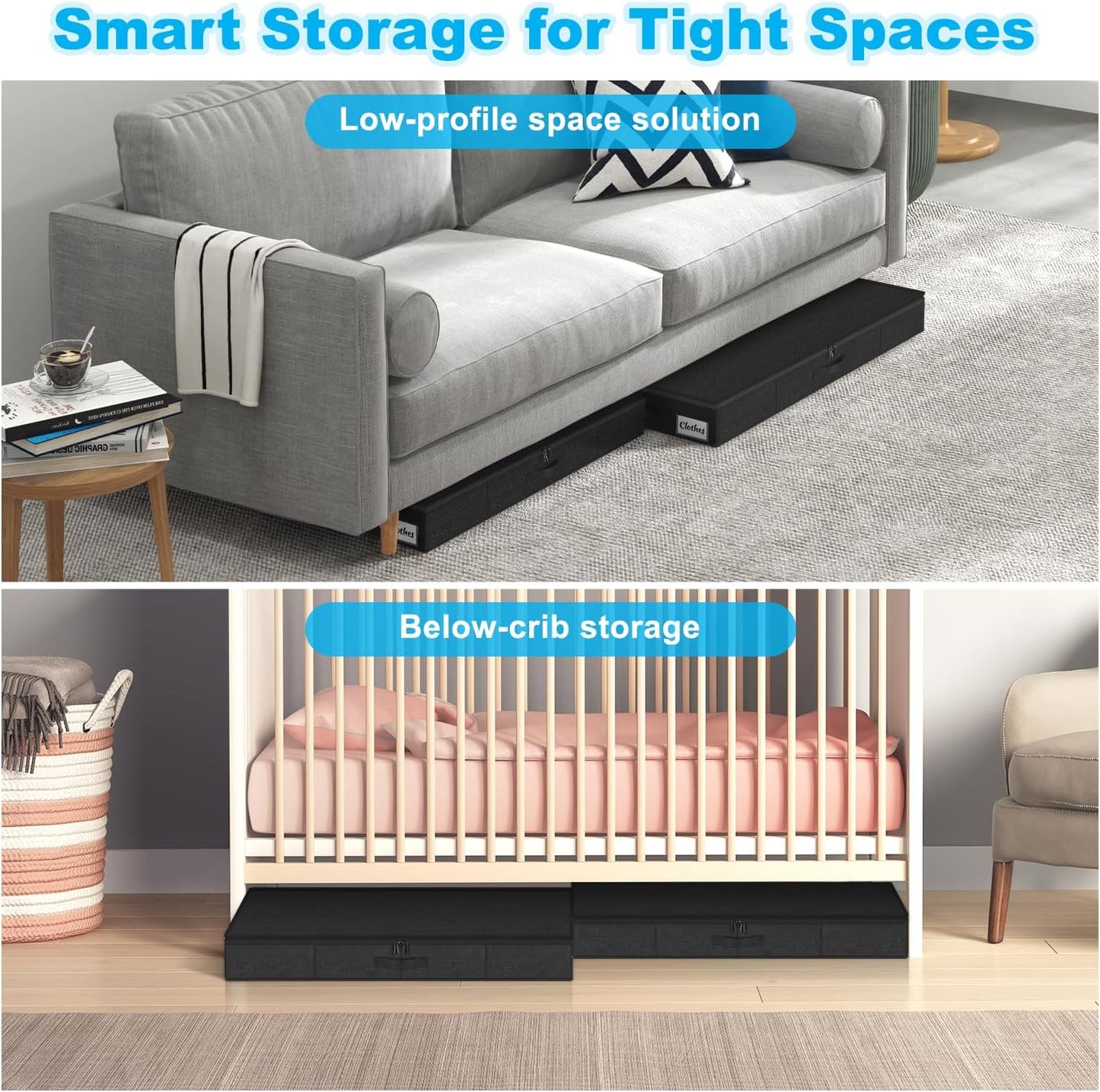 Under Bed Storage Container Bin 4 Pack, 4.5 Inch Slim Low Profile Underbed Clothes Storage