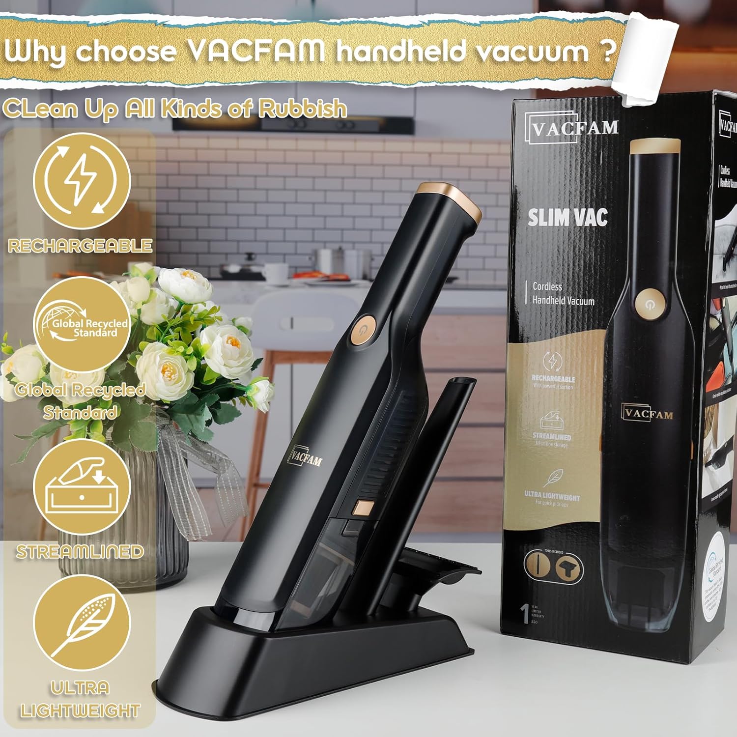 Handheld Vacuum Cordless, High Power Suction, USB Quick Charge, Car Vacuum Cleaner with Storage