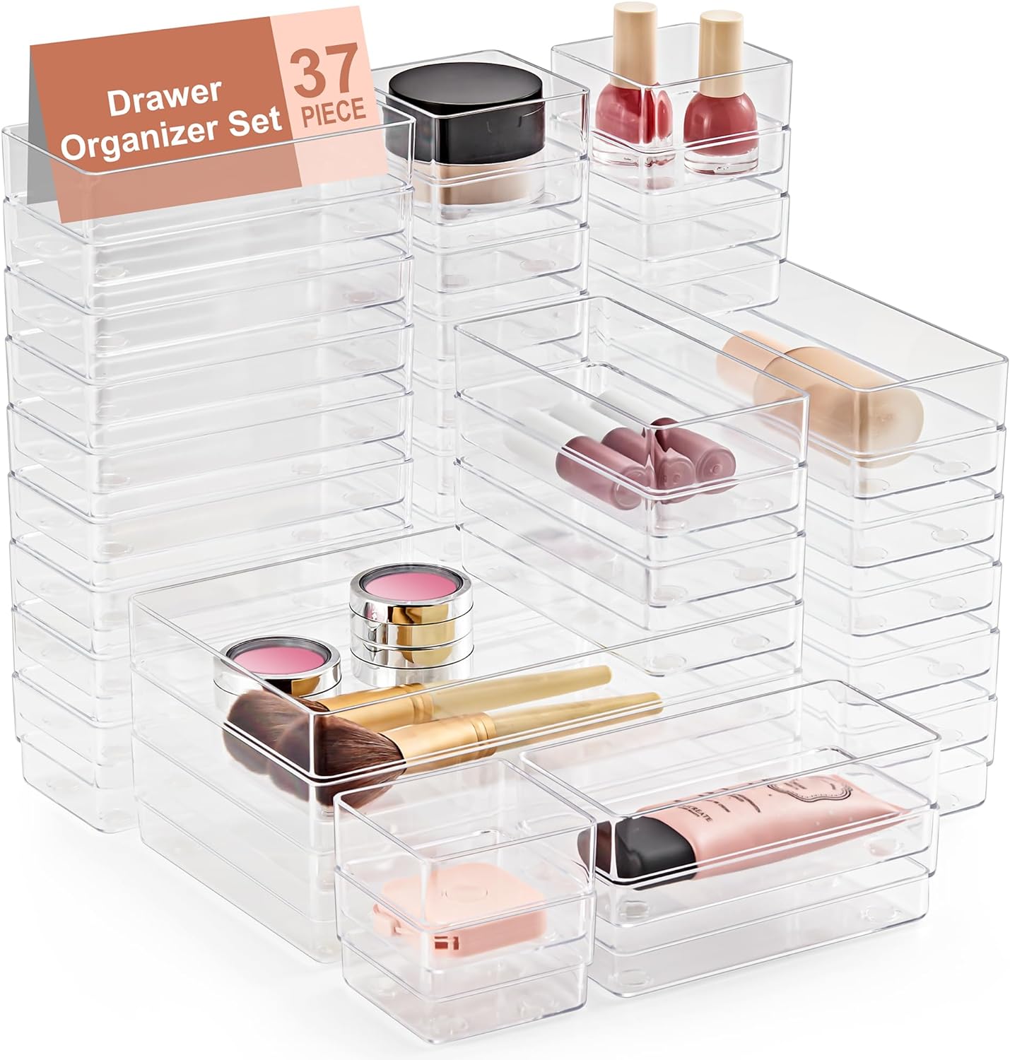SMARTAKE 37-Piece Drawer Organizer with Non-Slip Silicone Pads, 4-Size Desk Drawer Organizer Trays