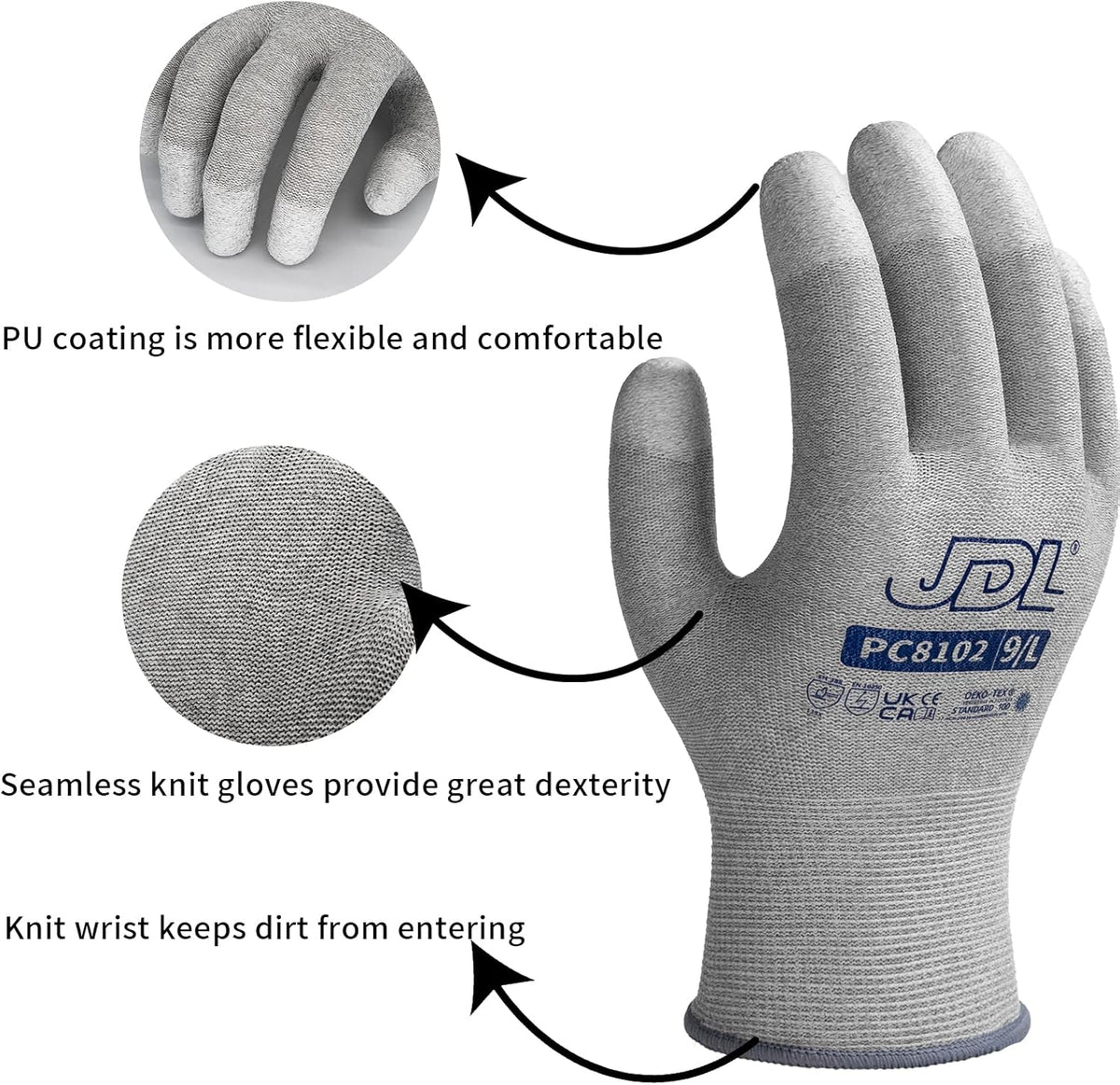 JDL ESD Work Gloves, Anti-Static Gloves for PC Building, 6 pairs, Computer Installation & Repair