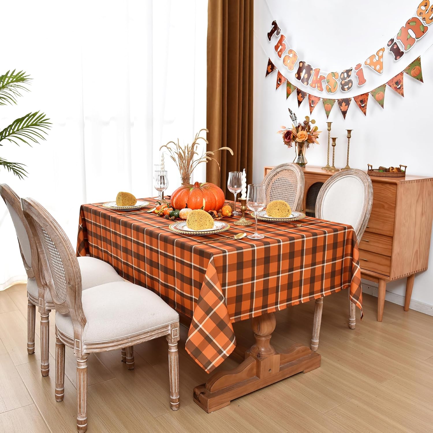 Waterproof Plaid Tablecloth Fabric - Square 58x58 Inch Classic Gingham Checker Thanksgiving Table