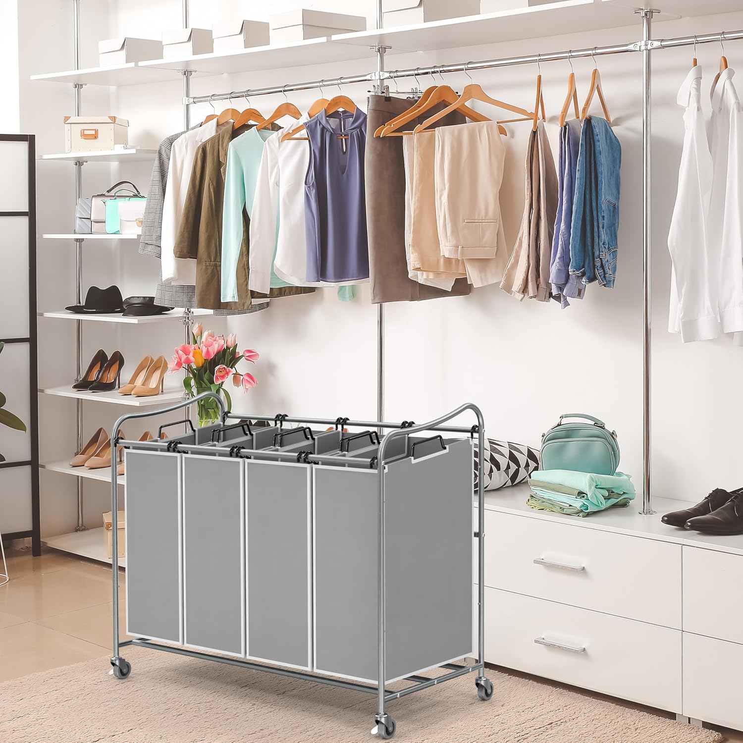 Simple Houseware 4-Bag Heavy Duty Laundry Sorter Rolling Cart, Silver