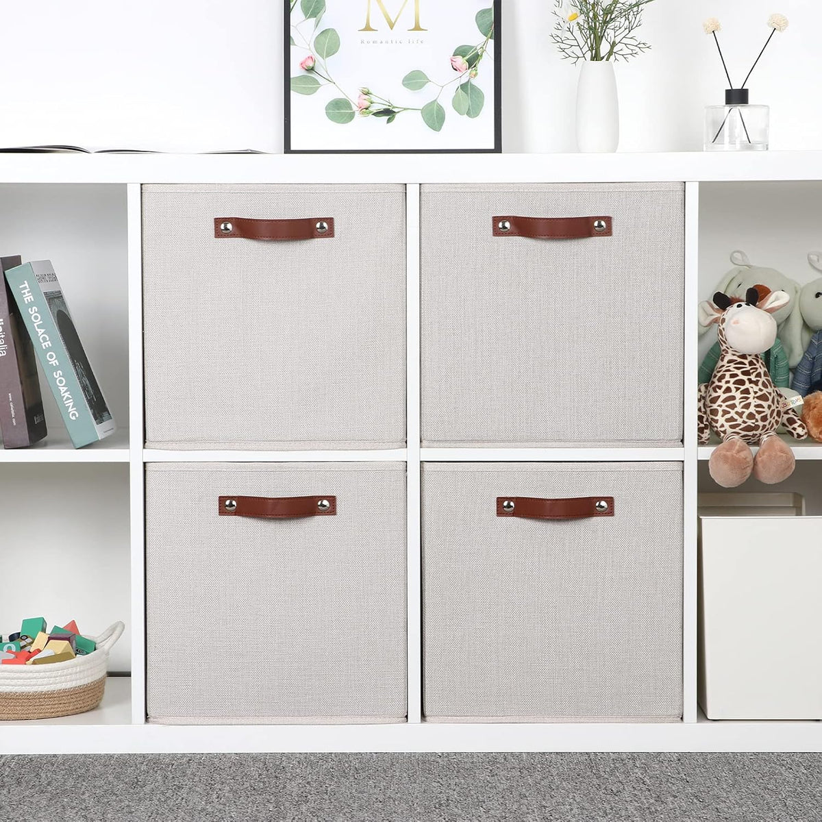 Temary Fabric Storage Cubes Storage Bins with Dual Leather Handles, 4 Pack Cube Baskets 13x13