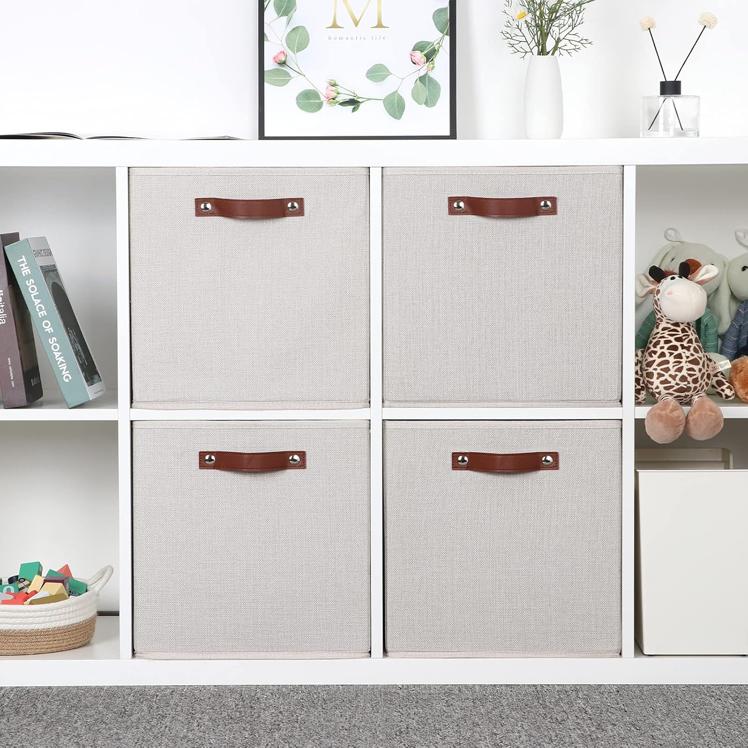 Temary Fabric Storage Cubes Storage Bins with Dual Leather Handles, 4 Pack Cube Baskets 13x13