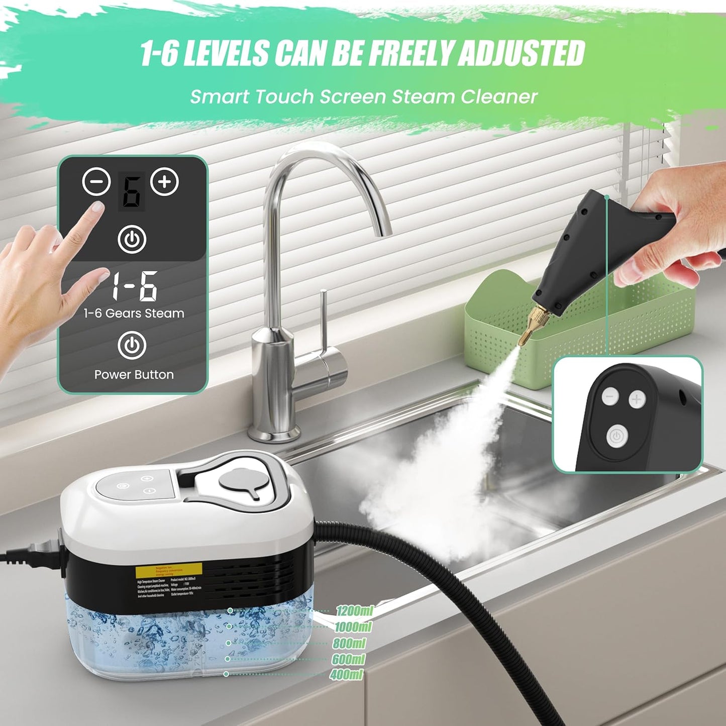 2500W Steam Cleaner for Home Use, 6-level Speed Adjustable Handle, 1.2L Handheld Car Steam Cleaner