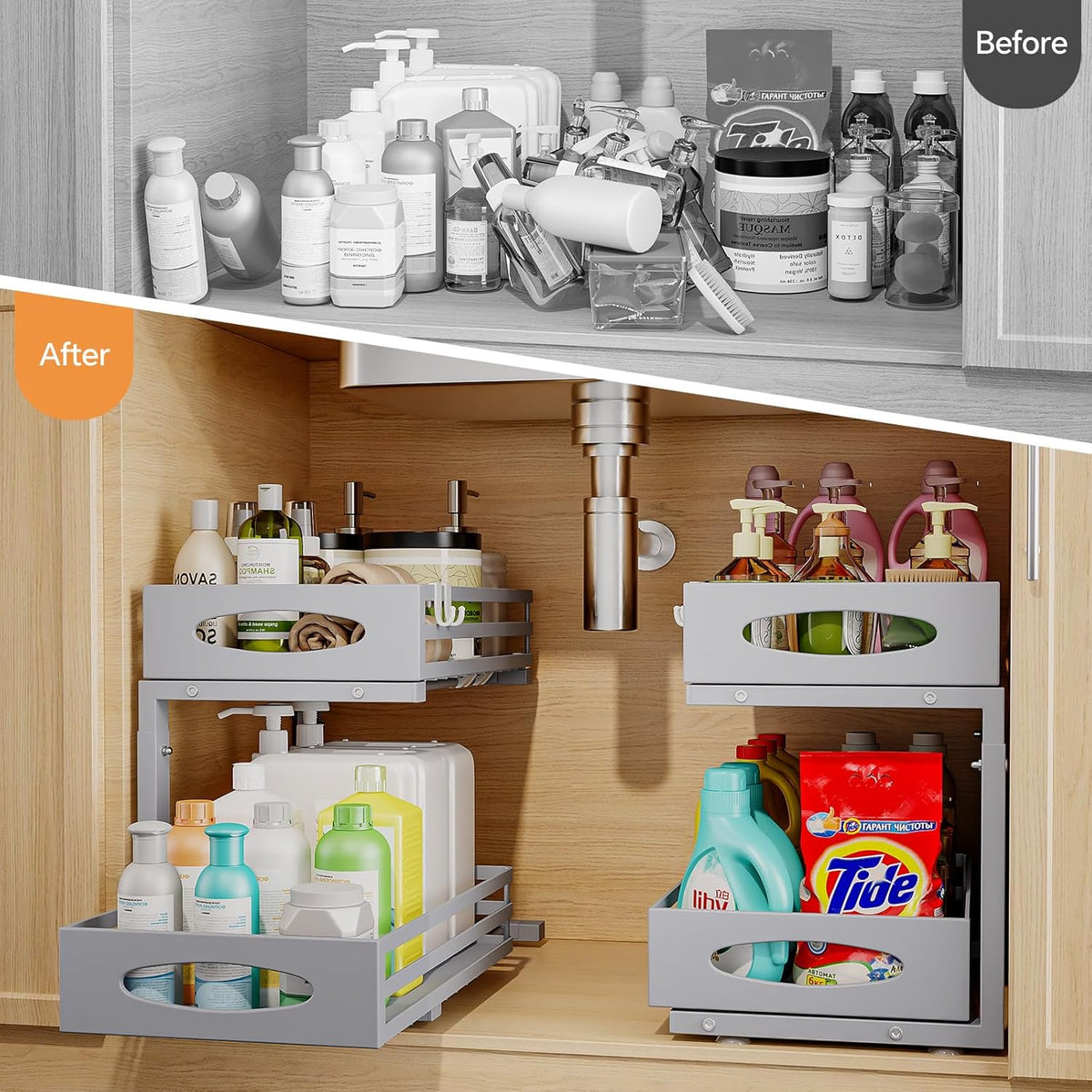 Under Sink Organizer, 2 Tier Under Sink Organizers and Storage, Adjustable Height, Slide Out Metal