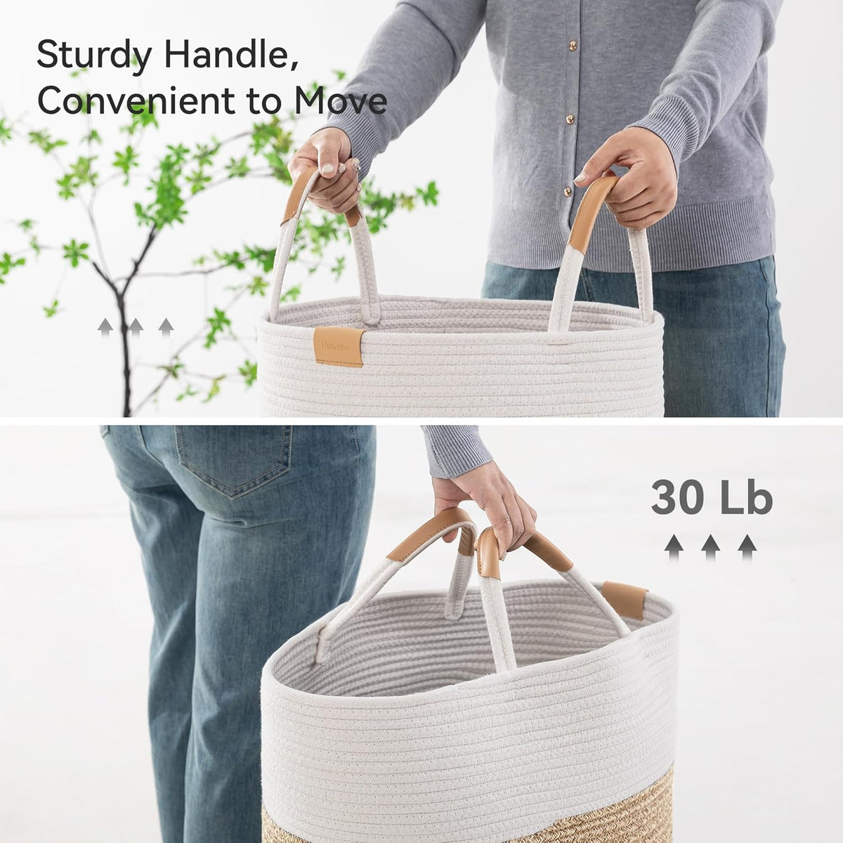 95L Striped Laundry Hamper with Leather Handles,Large Foldable Laundry Basket for Clothes,Cotton