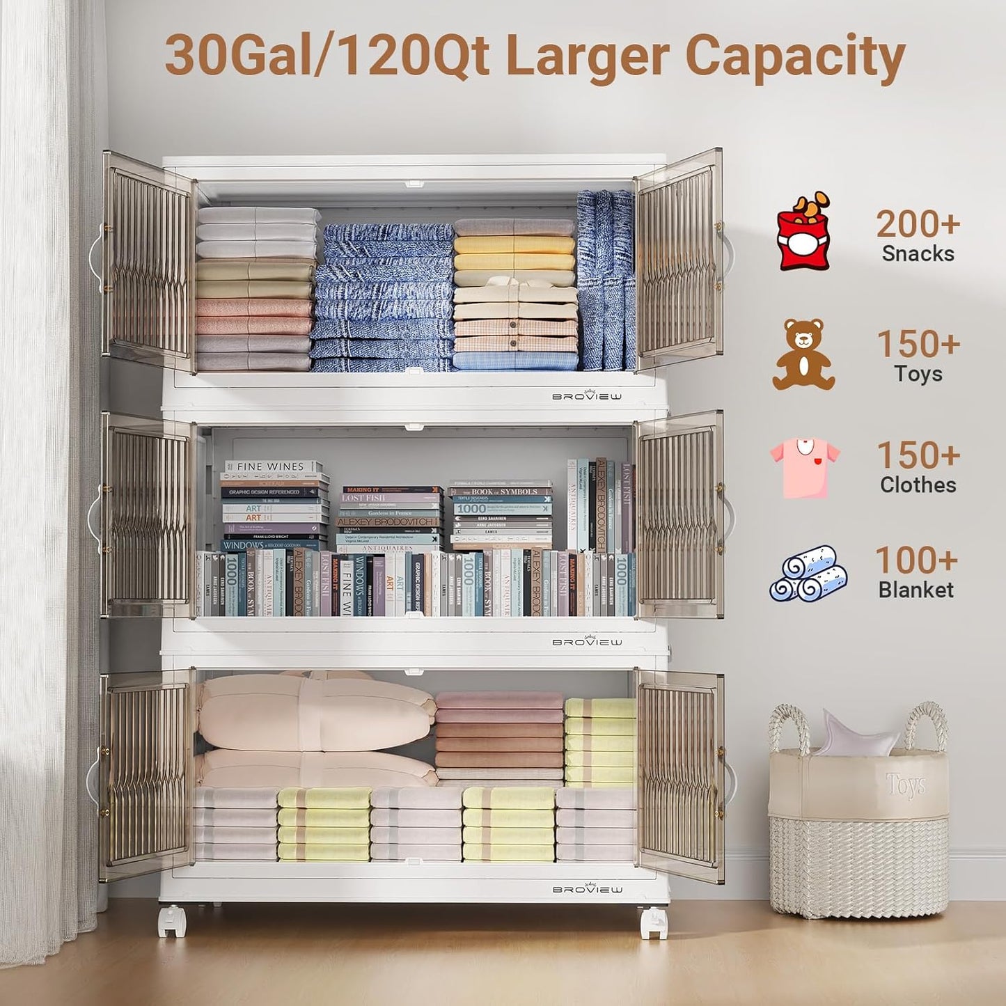 BROVIEW 480Qt Stackable Storage Bins with Lid, Extra Large Closet Organizer Collapsible Drawer