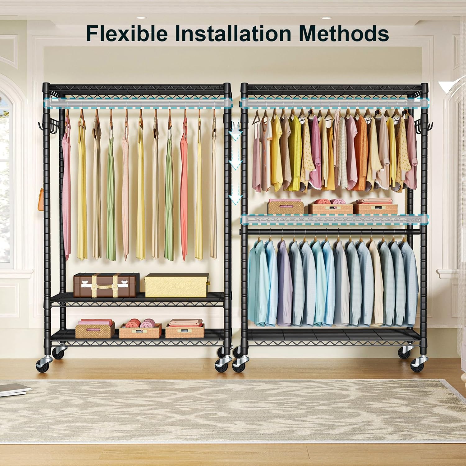 FUTASSI P1 Plus Rolling Clothes Rack, 22mm Diameter Heavy Duty Garment Rack with Wheels, Portable