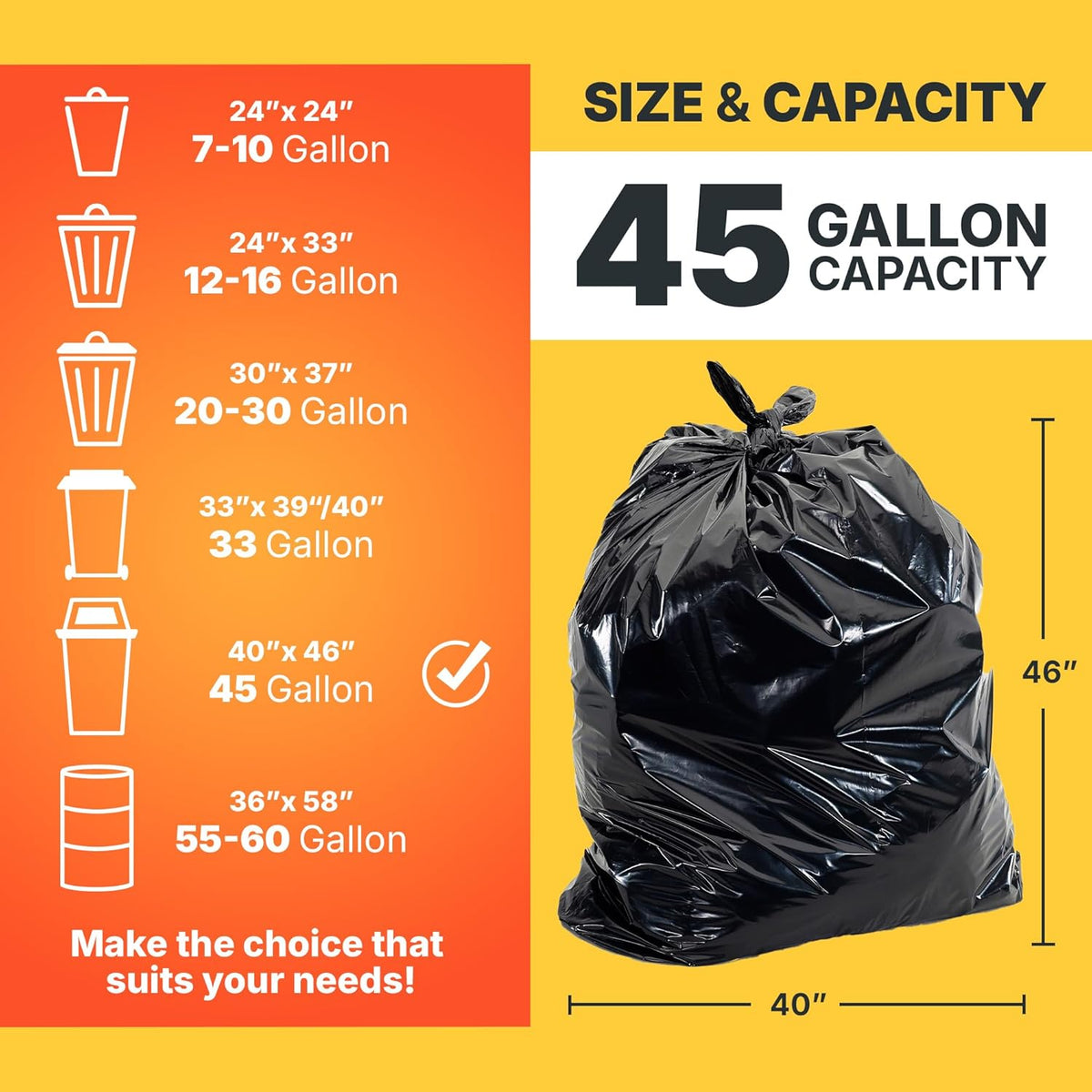 45 Gallon Trash Bags, 30 Micron Heavy Duty Pure LDPE Garbage Can Liners, 40" x 46" Large, Black