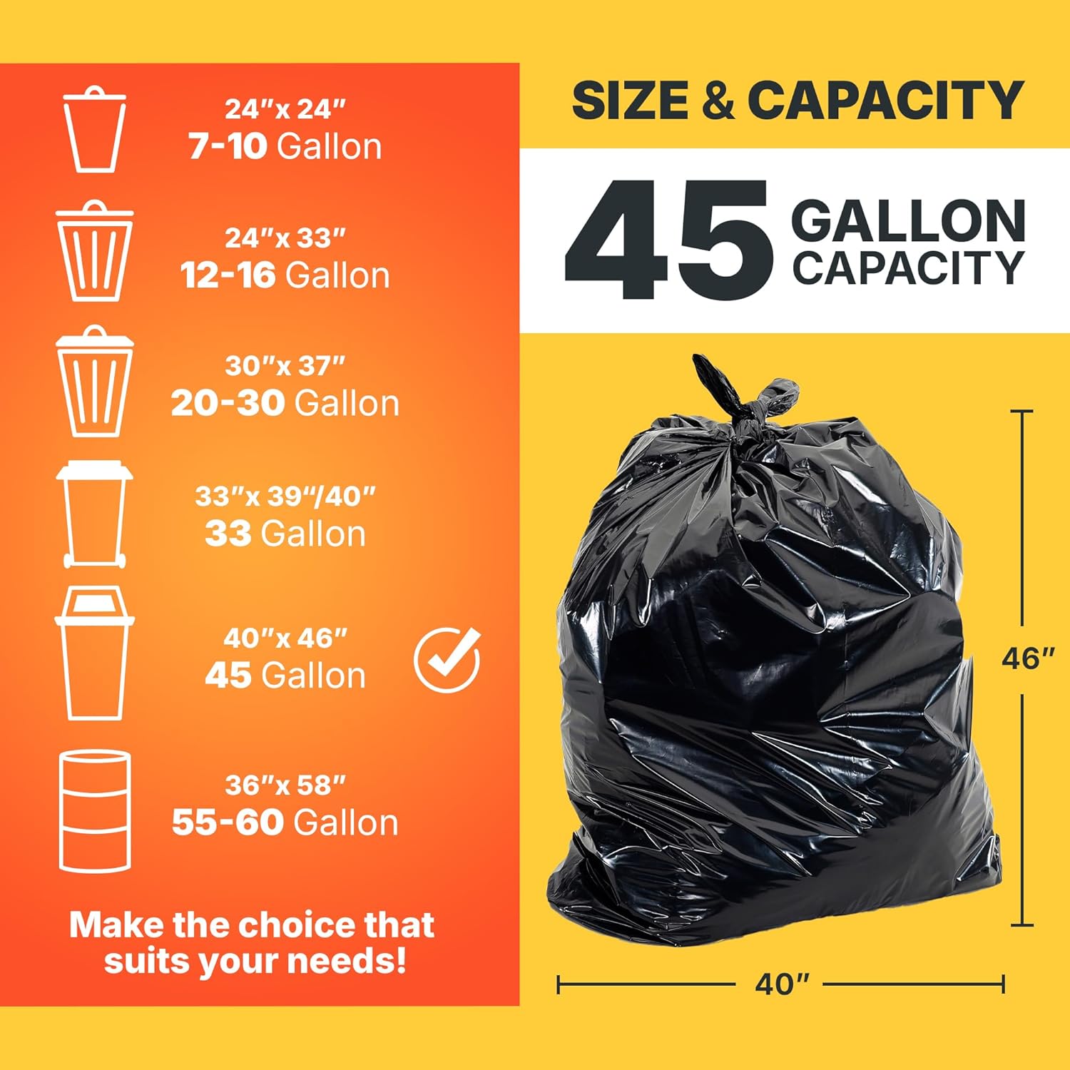 45 Gallon Trash Bags, 30 Micron Heavy Duty Pure LDPE Garbage Can Liners, 40" x 46" Large, Black