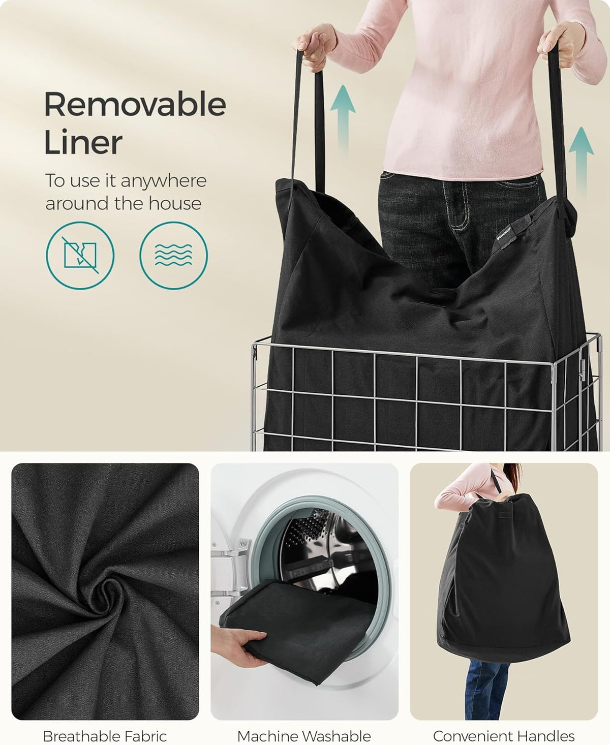 SONGMICS 29 Gal. (110L) Laundry Basket, Laundry Hamper, Collapsible Clothes Hamper, Removable and