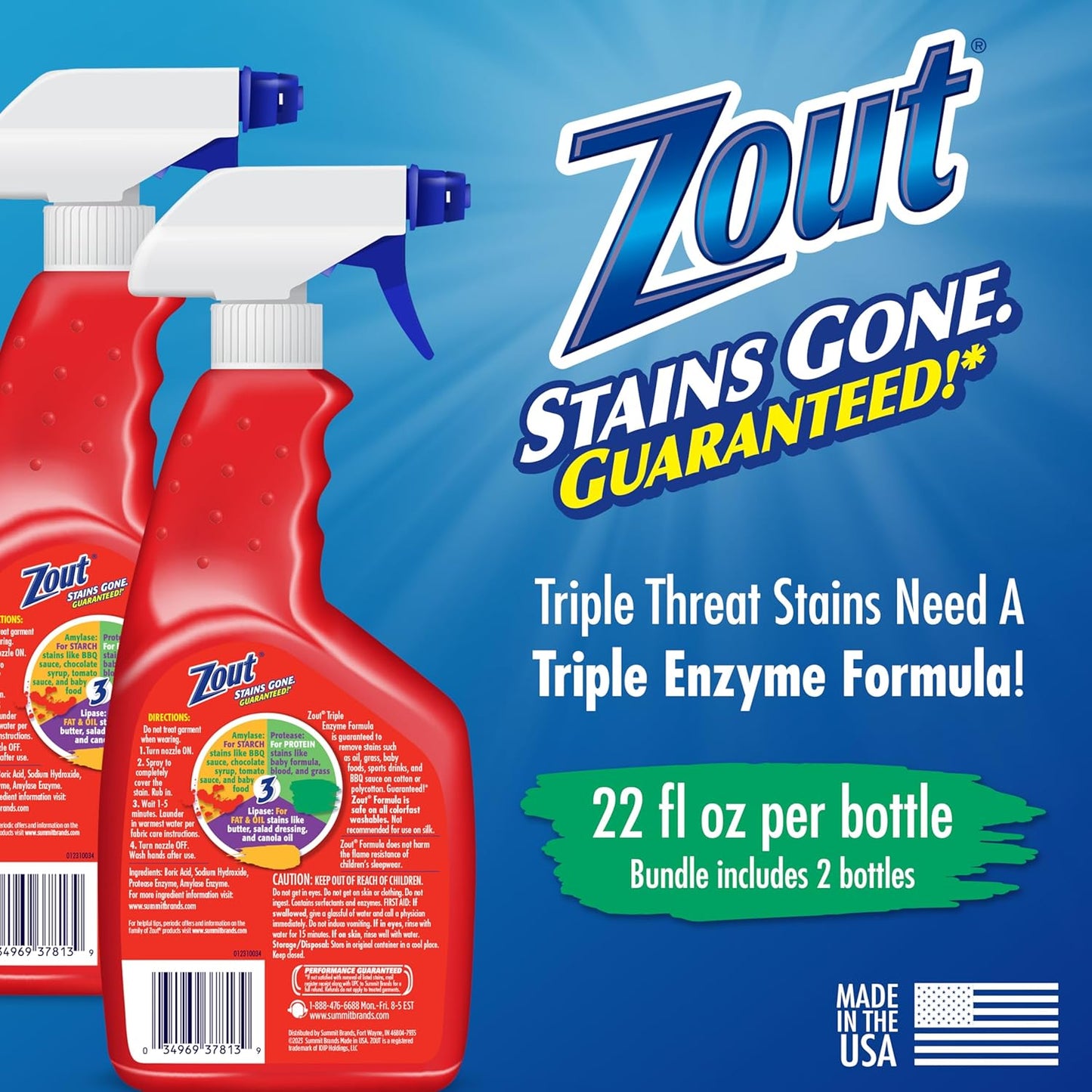 Zout Laundry Stain Remover Spray, Triple Enzyme Formula Removes the Toughest Stains, Made in the
