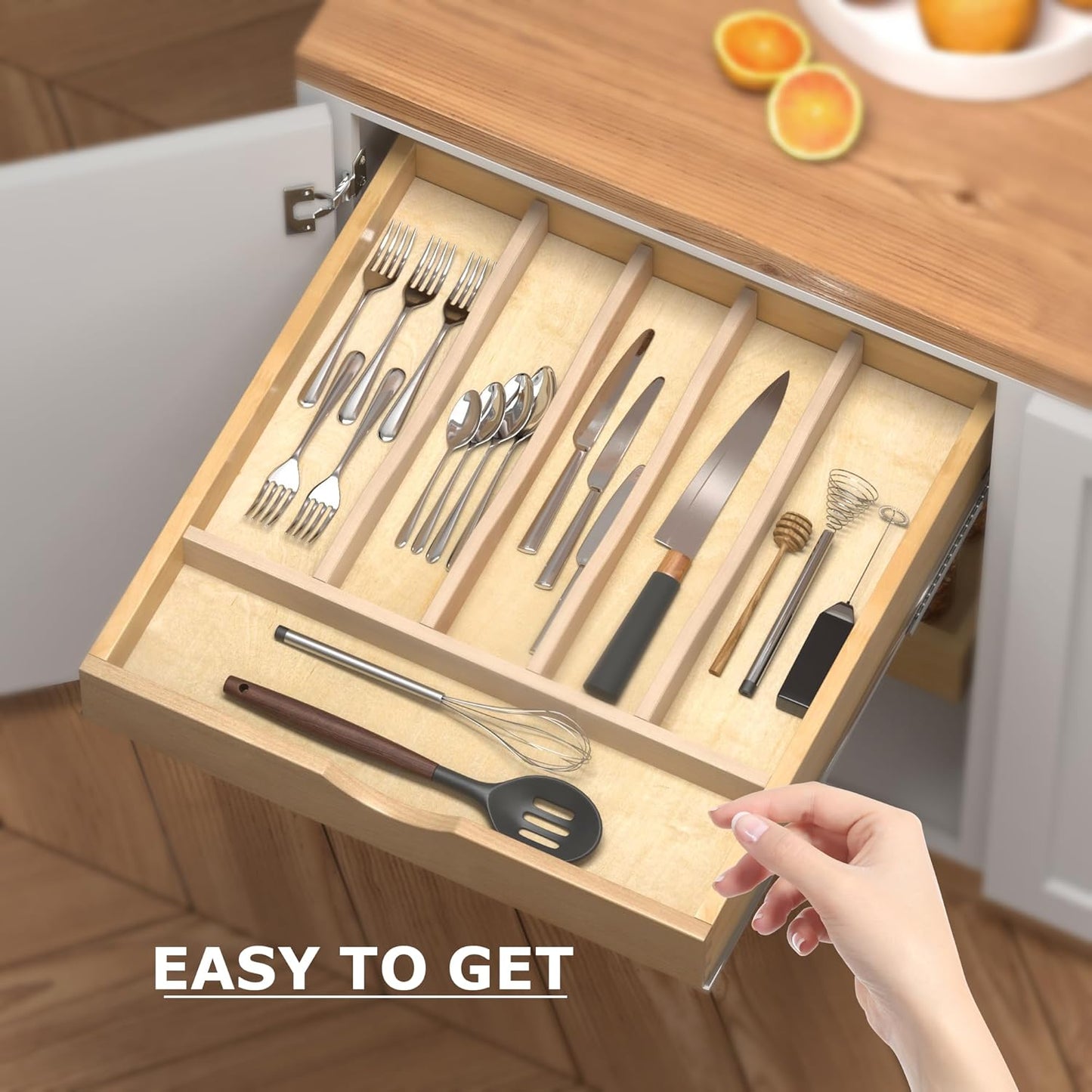WelFurGeer Solid Birch Wood Silverware Drawer Organizer, Wooden Cutlery Drawer Organizer, Utensil
