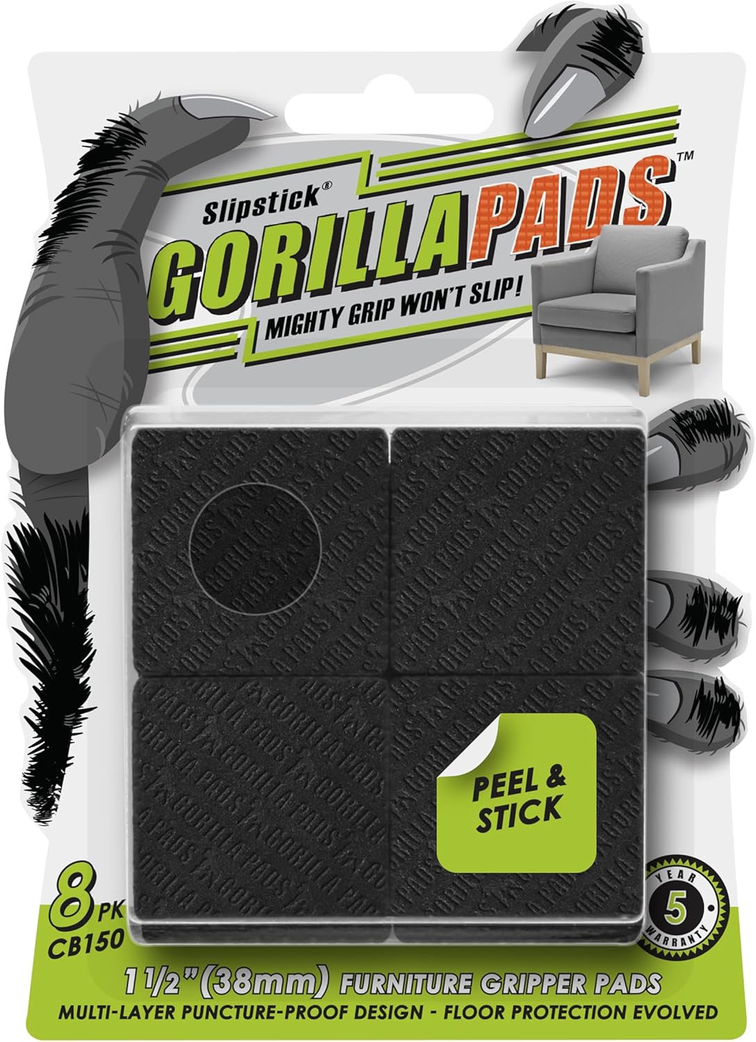 Slipstick GorillaPads CB150 Non Slip Furniture Pads/Rubber Grips (Set of 8) Self Adhesive Furniture