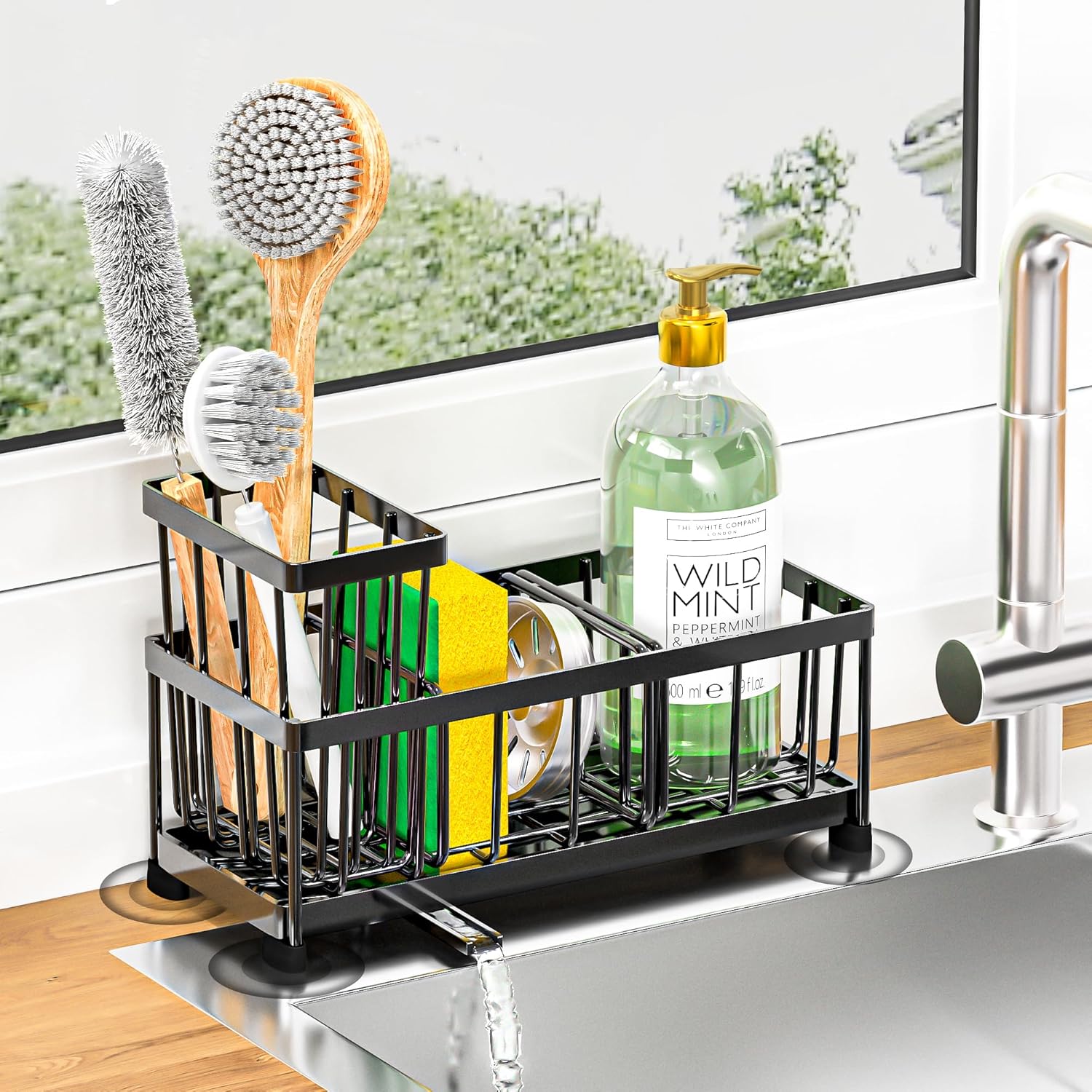 Self-Draining Kitchen Sink Caddy with Elevated Brush Holder – Rustproof Stainless Steel