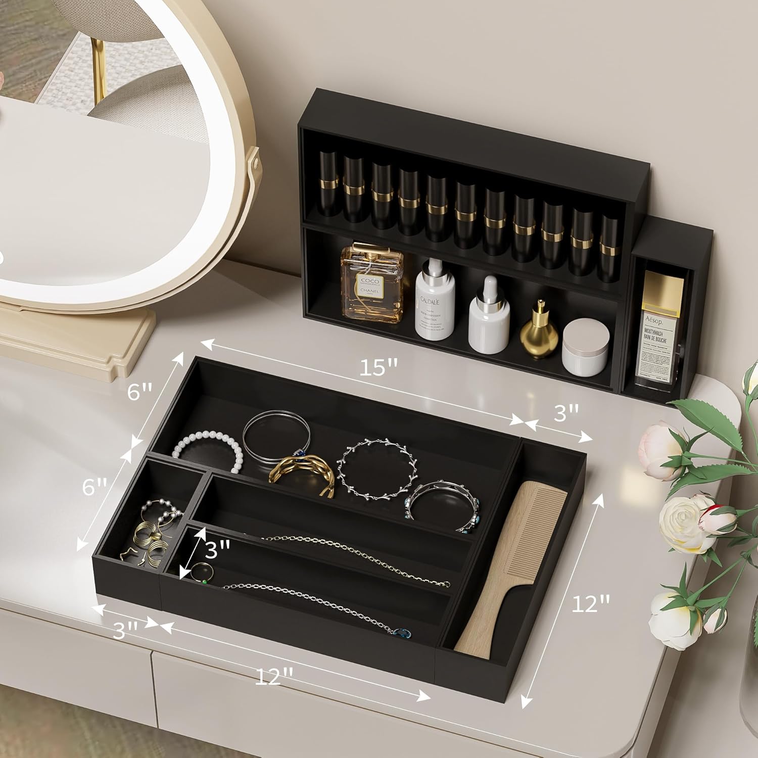 Kitchen Drawer Organizer Bins, Black Bamboo Drawer Organizer Stackable for Silverware, Utensils