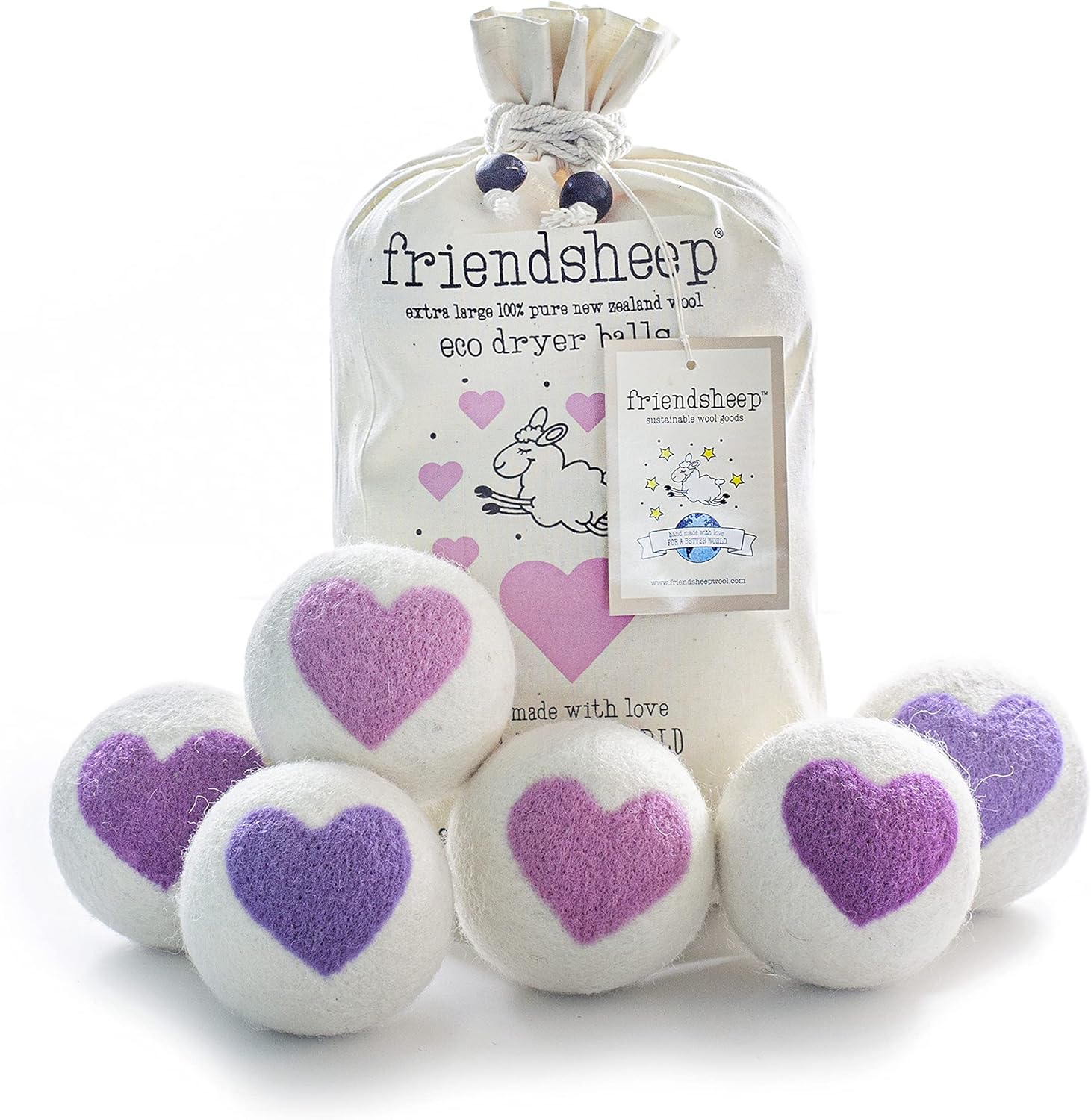 Friendsheep Organic Wool Dryer Balls Pink Purple Hearts 6 Pack XL Premium Reusable Cruelty Free